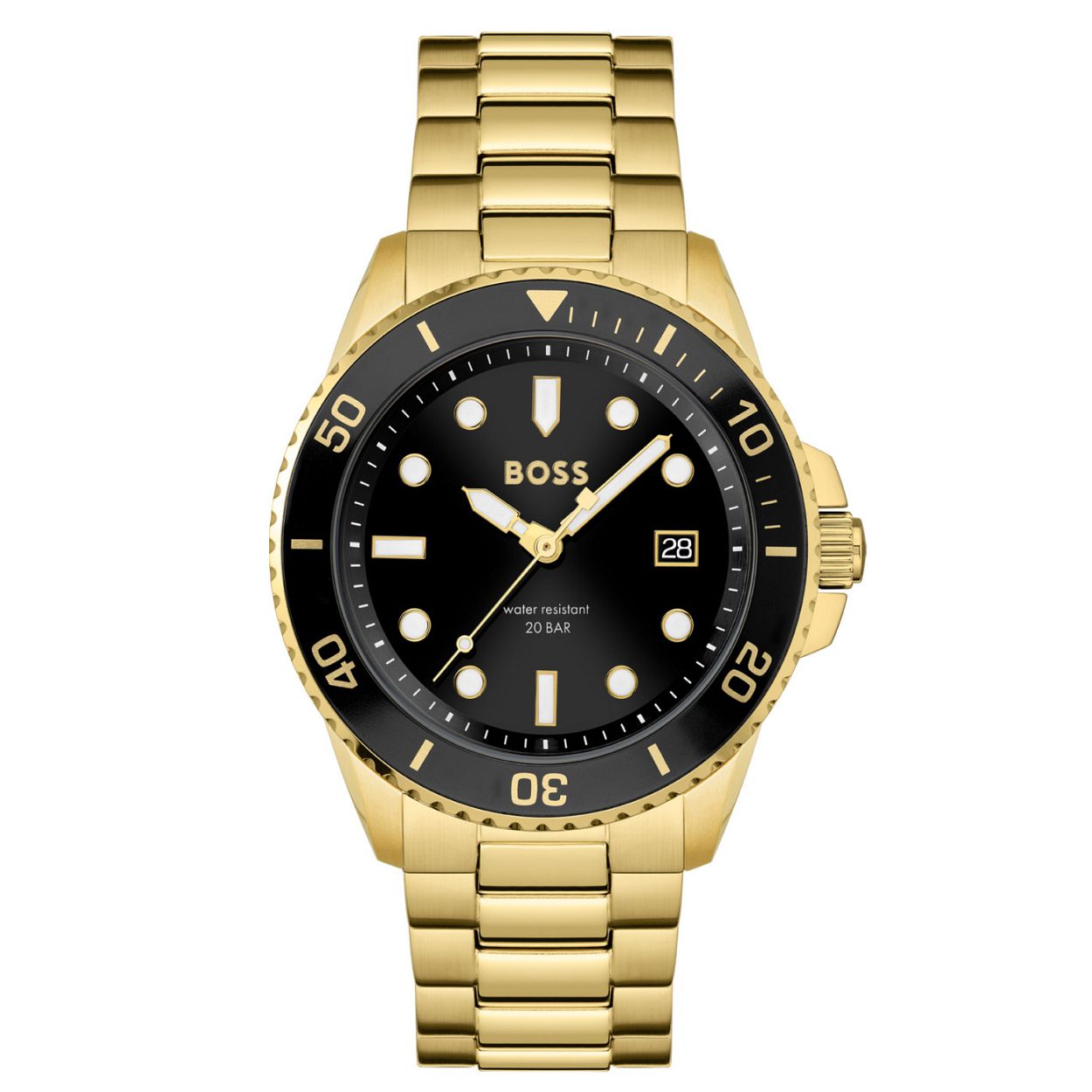 BOSS HB1513917 ACE
Dit BOSS horloge uit de Ace serie met artikelnr. HB1513917 heeft een sportieve/ chique uitstraling. Het stoere diver herenhorloge valt op aan zijn goudkleurige stalen horlogekast met zwarte draaibare bezel met tachymeter en zwarte wijzerplaat met datumaanduiding. De uur- en minuten wijzer hebben een lumibrite inleg en de secondewijzer heeft een opvallend wit accent. De kast van het horloge heeft een doorsnee van 43mm met een mineraalglas en is 20 ATM. Het horloge heeft een goudkleurige stalen mat/glimmend schakelband met een vouwsluiting. Dit horloge is geschikt voor watersport.

HET MERK
HUGO BOSS is afgestemd op levensstijlen waar het gaat om kwaliteit en precisie. Het wereldwijde fashionlabel is verdeeld in twee merken BOSS en HUGO. Het merk BOSS biedt geavanceerde moderne horloges gericht op kwaliteit en design om een onberispelijke look te cre�ren � of het nu zakelijk casual of sportief is. De horloge collectie van BOSS is perfect afgestemd op levensstijlen waar het gaat om kwaliteit en precisie. BOSS is op maat gemaakt in een onberispelijke stijl.

Blijf stijlvol bij de tijd. Voor de BOSS-vrouw is stijl het handelsmerk en draait alles om
details. Breng uw look naar een hoger niveau met onze nieuwe en kenmerkende horlogecollectie.

SPECIFICATIES
- Mineraalglas
- Ronde kastvorm � 43mm
- Goudkleurige stalen horlogekast
- Zwarte wijzerplaat
- Datum
- Draaibare bezel
- Goudkleurige stalen schakelband 
- 20 ATM
