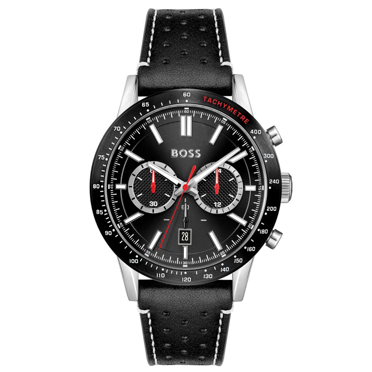 BOSS HB1513920 ALLURE
Dit BOSS horloge uit de Allure serie met artikelnr. HB1513920 heeft een sportieve uitstraling. Het stoere herenhorloge valt op aan zijn stalen horlogekast met zwarte bezel met tachymeter en zwarte wijzerplaat met datumaanduiding en chronograaf. De zilverkleurige uur en minuten wijzers bevatten lumibrite en de secondewijzer is felrood. De kast van het horloge heeft een doorsnee van 44mm met een mineraalglas een zwarte leren band met gesp en is 5 ATM.

HET MERK
HUGO BOSS is afgestemd op levensstijlen waar het gaat om kwaliteit en precisie. Het wereldwijde fashionlabel is verdeeld in twee merken BOSS en HUGO. Het merk BOSS biedt geavanceerde moderne horloges gericht op kwaliteit en design om een onberispelijke look te cre�ren � of het nu zakelijk casual of sportief is. De horloge collectie van BOSS is perfect afgestemd op levensstijlen waar het gaat om kwaliteit en precisie. BOSS is op maat gemaakt in een onberispelijke stijl.

Blijf stijlvol bij de tijd. Voor de BOSS-vrouw is stijl het handelsmerk en draait alles om
details. Breng uw look naar een hoger niveau met onze nieuwe en kenmerkende horlogecollectie.

SPECIFICATIES
- Mineraalglas
- Ronde kastvorm � 44mm
- Stalen horlogekast
- Zwarte wijzerplaat
- Datum
- Chronograaf
- Zwarte leren band 
- 5 ATM
