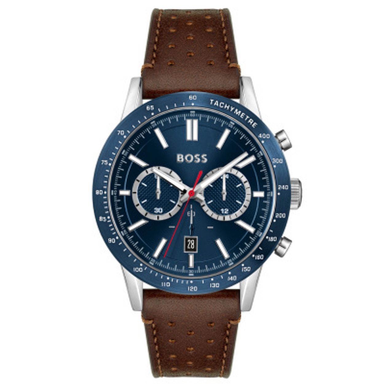 BOSS HB1513921 ALLURE
Dit BOSS horloge uit de Allure serie met artikelnr. HB1513921 heeft een sportieve uitstraling. Het stoere herenhorloge valt op aan zijn stalen horlogekast met blauwe bezel me tachymeter en blauwe wijzerplaat met datumaanduiding en chronograaf. De zilverkleurige uur en minuten wijzers bevatten lumibrite en de secondewijzer is felrood. De kast van het horloge heeft een doorsnee van 44mm met een mineraalglas een bruine leren band met gesp en is 5 ATM.

HET MERK
HUGO BOSS is afgestemd op levensstijlen waar het gaat om kwaliteit en precisie. Het wereldwijde fashionlabel is verdeeld in twee merken BOSS en HUGO. Het merk BOSS biedt geavanceerde moderne horloges gericht op kwaliteit en design om een onberispelijke look te cre�ren � of het nu zakelijk casual of sportief is. De horloge collectie van BOSS is perfect afgestemd op levensstijlen waar het gaat om kwaliteit en precisie. BOSS is op maat gemaakt in een onberispelijke stijl.

Blijf stijlvol bij de tijd. Voor de BOSS-vrouw is stijl het handelsmerk en draait alles om
details. Breng uw look naar een hoger niveau met onze nieuwe en kenmerkende horlogecollectie.

SPECIFICATIES
- Mineraalglas
- Ronde kastvorm � 44mm
- Stalen horlogekast
- Blauwe wijzerplaat
- Datum
- Chronograaf
- Bruine leren band 
- 5 ATM
