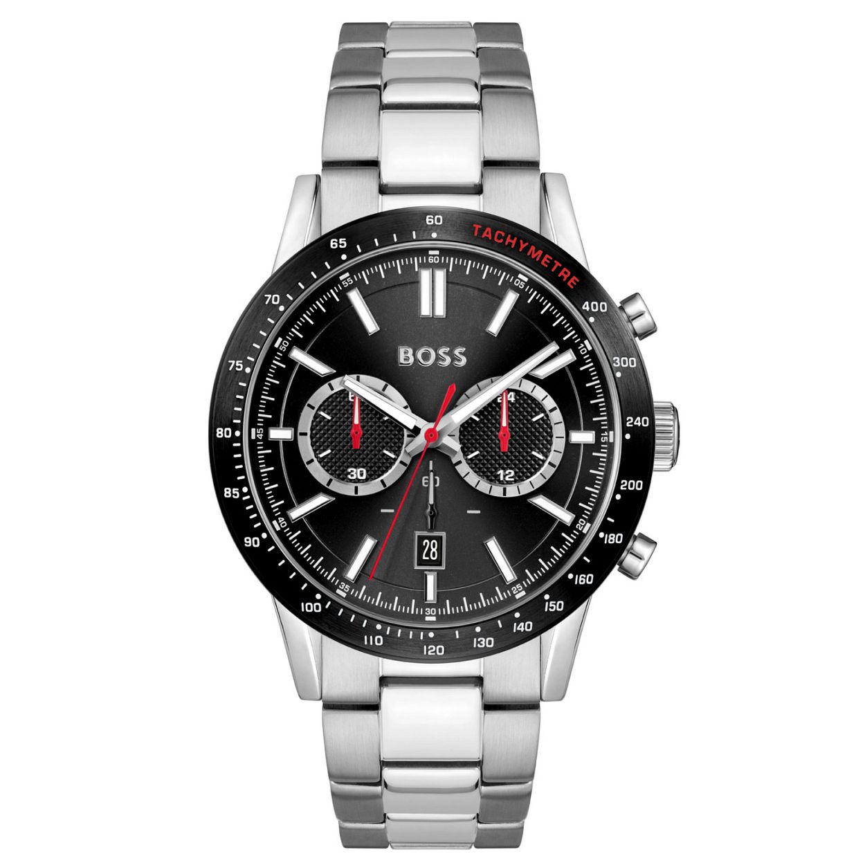 BOSS HB1513922 ALLURE
Dit BOSS horloge uit de Allure serie met artikelnr. HB1513922 heeft een sportieve uitstraling. Het stoere herenhorloge valt op aan zijn stalen horlogekast met zwarte bezel met tachymeter en zwarte wijzerplaat met datumaanduiding en chronograaf. De zilverkleurige uur en minuten wijzers bevatten lumibrite en de secondewijzer is felrood. De kast van het horloge heeft een doorsnee van 44mm met een mineraalglas een zilverkleurige stalen schakelband met vouwsluiting en is 5 ATM.

HET MERK
HUGO BOSS is afgestemd op levensstijlen waar het gaat om kwaliteit en precisie. Het wereldwijde fashionlabel is verdeeld in twee merken BOSS en HUGO. Het merk BOSS biedt geavanceerde moderne horloges gericht op kwaliteit en design om een onberispelijke look te cre�ren � of het nu zakelijk casual of sportief is. De horloge collectie van BOSS is perfect afgestemd op levensstijlen waar het gaat om kwaliteit en precisie. BOSS is op maat gemaakt in een onberispelijke stijl.

Blijf stijlvol bij de tijd. Voor de BOSS-vrouw is stijl het handelsmerk en draait alles om
details. Breng uw look naar een hoger niveau met onze nieuwe en kenmerkende horlogecollectie.

SPECIFICATIES
- Mineraalglas
- Ronde kastvorm � 44mm
- Stalen horlogekast
- Zwarte wijzerplaat
- Datum
- Chronograaf
- Stalen schakelband 
- 5 ATM
