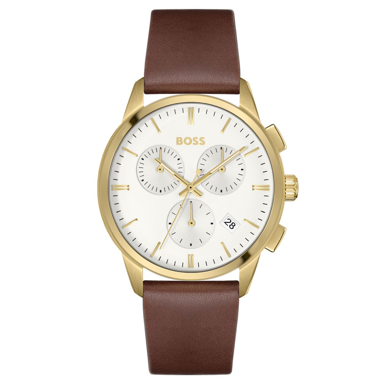BOSS HB1513926 DAPPER
Dit BOSS horloge uit de Dapper serie met artikelnr. HB1513926 heeft een stijlvolle uitstraling. Het herenhorloge valt op aan zijn goudkleurige stalen horlogekast met een glanzende rand en een witte wijzerplaat met chronograaf en een datum. De fijne wijzers en tijdsaanduiding geven het horloge een chique look. Een gladde bruine leren horlogeband maken het geheel af. De kast van het horloge heeft een doorsnee van 43mm met een mineraalglas en is 5 ATM. 

HET MERK
HUGO BOSS is afgestemd op levensstijlen waar het gaat om kwaliteit en precisie. Het wereldwijde fashionlabel is verdeeld in twee merken BOSS en HUGO. Het merk BOSS biedt geavanceerde moderne horloges gericht op kwaliteit en design om een onberispelijke look te cre�ren � of het nu zakelijk casual of sportief is. De horloge collectie van BOSS is perfect afgestemd op levensstijlen waar het gaat om kwaliteit en precisie. BOSS is op maat gemaakt in een onberispelijke stijl.

Blijf stijlvol bij de tijd. Voor de BOSS-vrouw is stijl het handelsmerk en draait alles om
details. Breng uw look naar een hoger niveau met onze nieuwe en kenmerkende horlogecollectie.

SPECIFICATIES
- Mineraalglas
- Ronde kastvorm � 43mm
- Goudkleurige stalen horlogekast
- Witte wijzerplaat
- Datum
- Chronograaf
- Bruine leren band 
- 5 ATM
