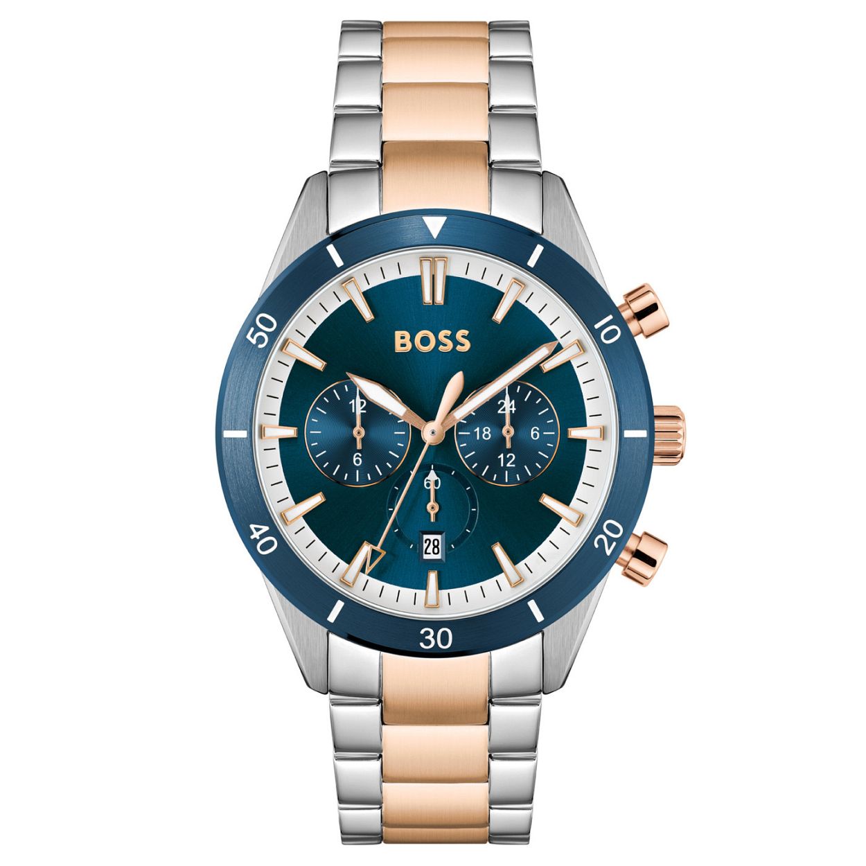 BOSS HB1513937 SANTIAGO
Dit BOSS horloge uit de Santiago serie met artikelnr. HB1513937 heeft een casual uitstraling. Het herenhorloge valt op aan zijn zilverkleurige stalen horlogekast met ros�kleurige knoppen een blauwe bezel en zijn blauwe wijzerplaat met tweede tijd en een datum. De wijzers en de tijdsaanduiding zijn ingelegd met lumibrite en geven het horloge een echte BOSS look. Aan het horloge zit een bi-color stalen schakelband met vouwsluiting. De kast van het horloge heeft een doorsnee van 44mm met een mineraalglas en is 5 ATM. 

HET MERK
HUGO BOSS is afgestemd op levensstijlen waar het gaat om kwaliteit en precisie. Het wereldwijde fashionlabel is verdeeld in twee merken BOSS en HUGO. Het merk BOSS biedt geavanceerde moderne horloges gericht op kwaliteit en design om een onberispelijke look te cre�ren � of het nu zakelijk casual of sportief is. De horloge collectie van BOSS is perfect afgestemd op levensstijlen waar het gaat om kwaliteit en precisie. BOSS is op maat gemaakt in een onberispelijke stijl.

Blijf stijlvol bij de tijd. Voor de BOSS-vrouw is stijl het handelsmerk en draait alles om
details. Breng uw look naar een hoger niveau met onze nieuwe en kenmerkende horlogecollectie.

SPECIFICATIES
- Mineraalglas
- Ronde kastvorm � 44mm
- Zilverkleurige stalen horlogekast
- Blauwe wijzerplaat
- Datum
- Tweede tijd aanduiding
- Bi-color stalen schakelband 
- 5 ATM
