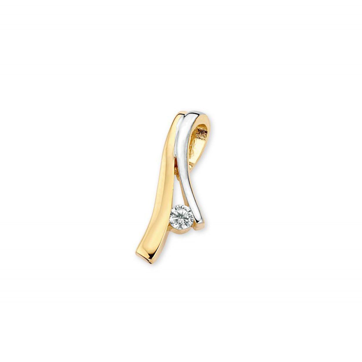 Bicolor geel- en witgouden hanger met zirkonia.

