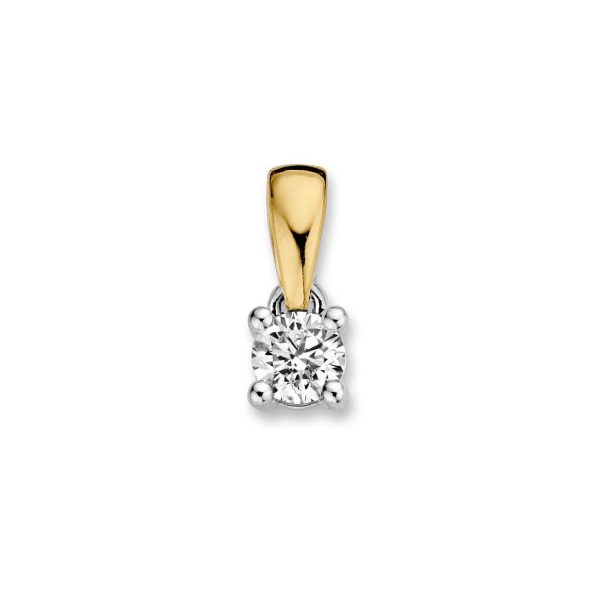 Solitair hanger met 14-karaats geelgouden lusje en witgouden zetting. In de hanger is een diamant verwerkt.
Diamant: totaal 0.16 crt. Kwaliteit diamant: Wesselton (H) / SI-1.