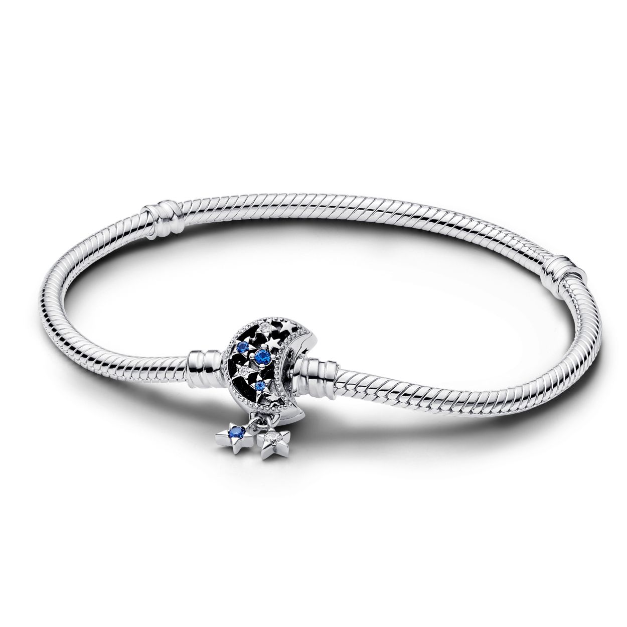 Pandora Snake chain sterling silver bracelet with moon clasp with stellar blue crystal and clear zirconia