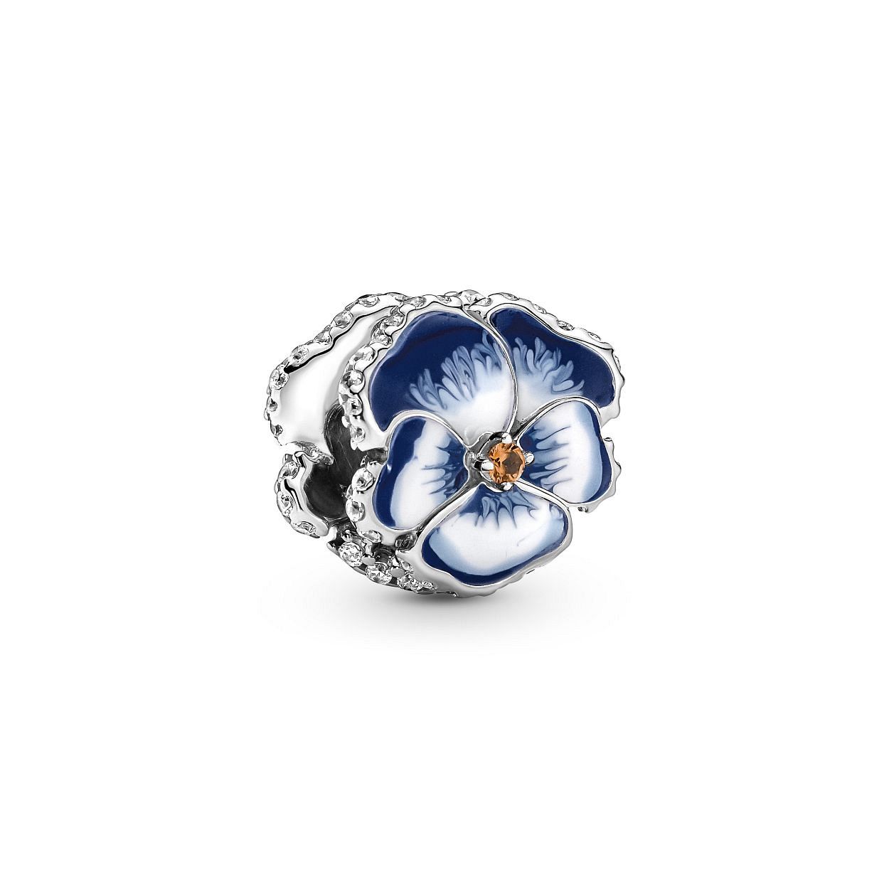 Pandora Pansy sterling silver charm with clear cubic zirconia, burnt orange crystal, shaded blue and white enamel