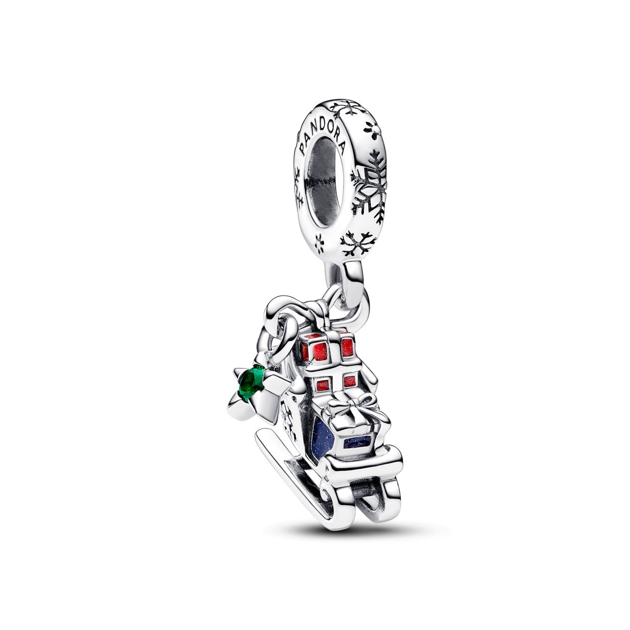 Pandora Christmas sleigh sterling silver dangle with royal green crystal, glittery blue and red enamel