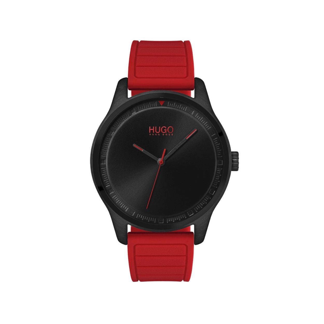 HUGO HU1530031 Move Dit herenhorloge uit de HUGO Move serie is een casual horloge. Het horloge heeft mineraalglas, een zwarte wijzerplaat en een stalen horlogekast met een kastdiameter van 42 mm. De band van het horloge is van rubber.  HET MERK HUGO presenteert eigentijdse en vooruitstrevende designs volgens de laatste fashion trends. Scherp maatwerk en casual modellen gecombineerd met een progressieve attitude. Door het spontane en vooruitstrevende karakter, is HUGO er voor de urban en ruimdenkende man die de leiding durft te nemen.  SPECIFICATIES - Mineraalglas - Ronde kastvorm,42 mm - Stalen horlogekast - Zwarte wijzerplaat - Rood rubberen horlogeband  - 5 ATM