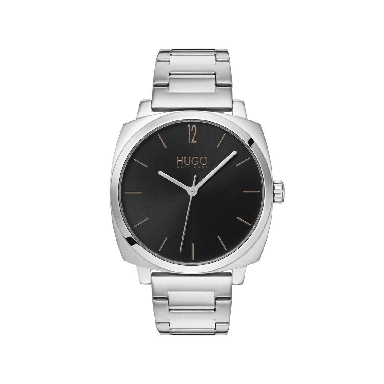 HUGO HU1530071 OWN Dit herenhorloge uit de HUGO Own serie is een casual horloge. Het horloge heeft mineraalglas, een zwarte wijzerplaat en een stalen horlogekast met een kastdiameter van 40 mm. De band van het horloge is van staal en kan op maat worden gemaakt door er schakels uit te halen met de horlogeband inkortset (apart te bestellen).  HET MERK HUGO presenteert eigentijdse en vooruitstrevende designs volgens de laatste fashion trends. Scherp maatwerk en casual modellen gecombineerd met een progressieve attitude. Door het spontane en vooruitstrevende karakter, is HUGO er voor de urban en ruimdenkende man die de leiding durft te nemen.  SPECIFICATIES - Mineraalglas - Ronde kastvorm,40 mm - Stalen horlogekast - Zwarte wijzerplaat - Zilverkleurige stalen horlogeband  - 3 ATM  INKORTEN BAND De band van het horloge kan op maat worden gemaakt door er schakels uit te halen met de horlogeband inkortset (apart te bestellen).