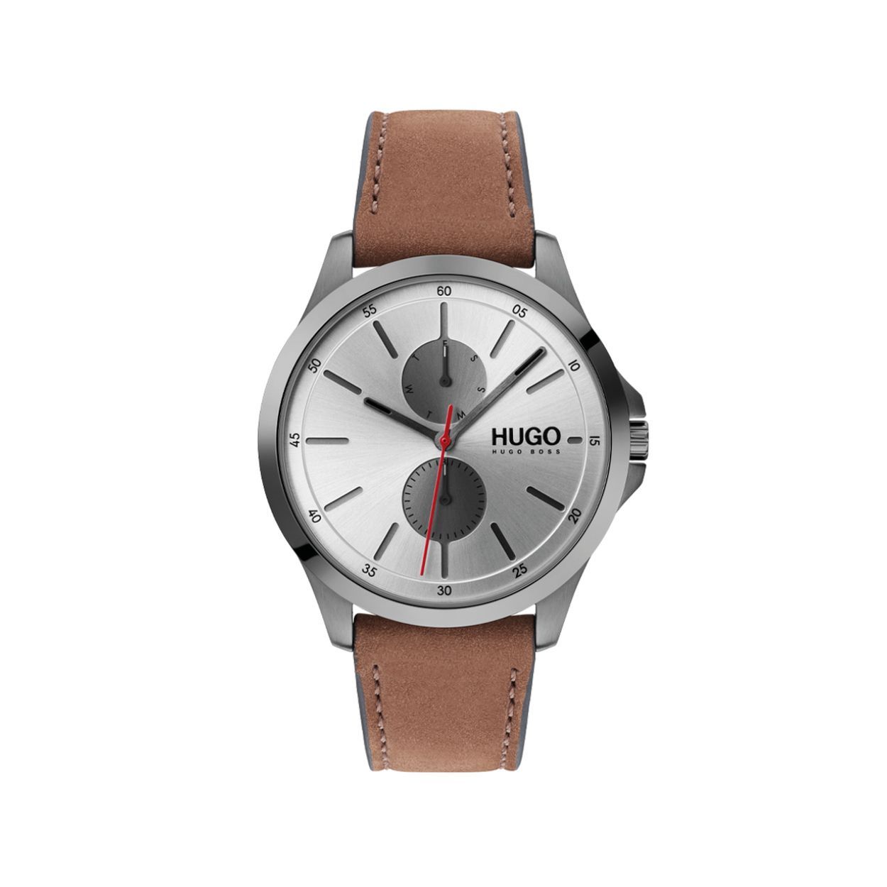 HUGO HU1530123 JUMP Dit herenhorloge uit de HUGO Jump serie is een casual horloge. Het horloge heeft mineraalglas, een grijze wijzerplaat en een stalen horlogekast met een kastdiameter van 40 mm. De band van het horloge is van leer.  HET MERK HUGO presenteert eigentijdse en vooruitstrevende designs volgens de laatste fashion trends. Scherp maatwerk en casual modellen gecombineerd met een progressieve attitude. Door het spontane en vooruitstrevende karakter, is HUGO er voor de urban en ruimdenkende man die de leiding durft te nemen.  SPECIFICATIES - Mineraalglas - Ronde kastvorm,40 mm - Stalen horlogekast - Grijze wijzerplaat - Bruin lederen horlogeband  - 3 ATM