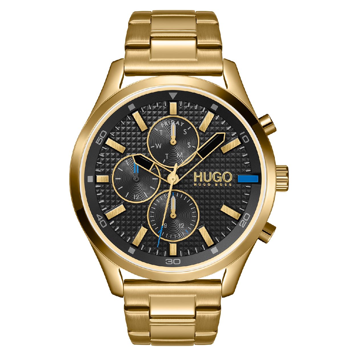 CHASE collectie
Krachtiger dan ooit: dit horloge uit de Chase collectie van HUGO herinnert men dat "life is best lived out loud". De focus van dit multifunctionele horloge is de opvallende wijzerplaat met kenmerkende details die het DNA van HUGO benadrukken. De wijzerplaat is ontworpen met een grafisch, gestructureerd oppervlak en heeft een contrasterende kleurindex op de drie, naast het HUGO logo. De drie 'subdials' presenteren de 24-uurs klok, de dag van de maand en de dag van de week: de laatste begint op vrijdag met een knipoog naar de vrijgevochten geest van de HUGO man.