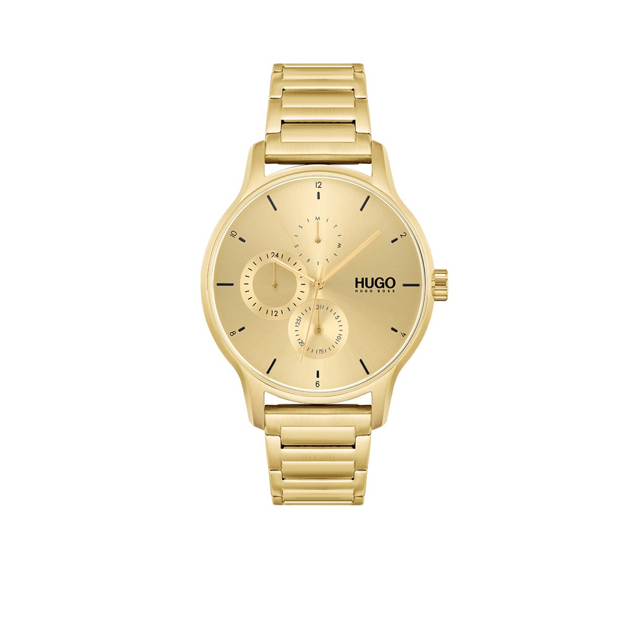 HUGO HU1530214 BOUNCE
Dit HUGO horloge uit de Bounce serie met artikelnr. HB1530214 is voor de HUGO klant die graag opvalt. Het herenhorloge heeft een goudkleurige stalen horlogekast met een goudkleurige wijzerplaat met dag, datum, en 24-uurs aanduiding. Aan de kast zit een goudkleurige stalen schakelband met vouwsluiting. Het horloge heeft een mineraalglas, een doorsnee van 44mm en is 5 ATM.

HET MERK:
HUGO BOSS is afgestemd op levensstijlen waar het gaat om kwaliteit en precisie. Het wereldwijde fashionlabel is verdeeld in twee merken: BOSS en HUGO. Het merk HUGO presenteert eigentijdse en vooruitstrevende designs volgens de laatste fashion trends waarmee mensen worden gestimuleerd om zichzelf te zijn. Scherp maatwerk en casual horloges gecombineerd met een progressieve attitude. HUGO horloges zijn er voor de urban en ruimdenkende man die de leiding durft te nemen. De enige regel van de HUGO-man als het om stijl gaat: zijn authentieke zelf en niets anders.

Maak kennis met de nieuwe horlogecollectie van HUGO.

SPECIFICATIES:
- Mineraalglas
- Ronde kastvorm, � 44mm
- Goudkleurige stalen horlogekast
- Goudkleurige wijzerplaat
- Dag/datum, 24-uurs aanduiding
- Goudkleurige stalen schakelband 
- 5 ATM
