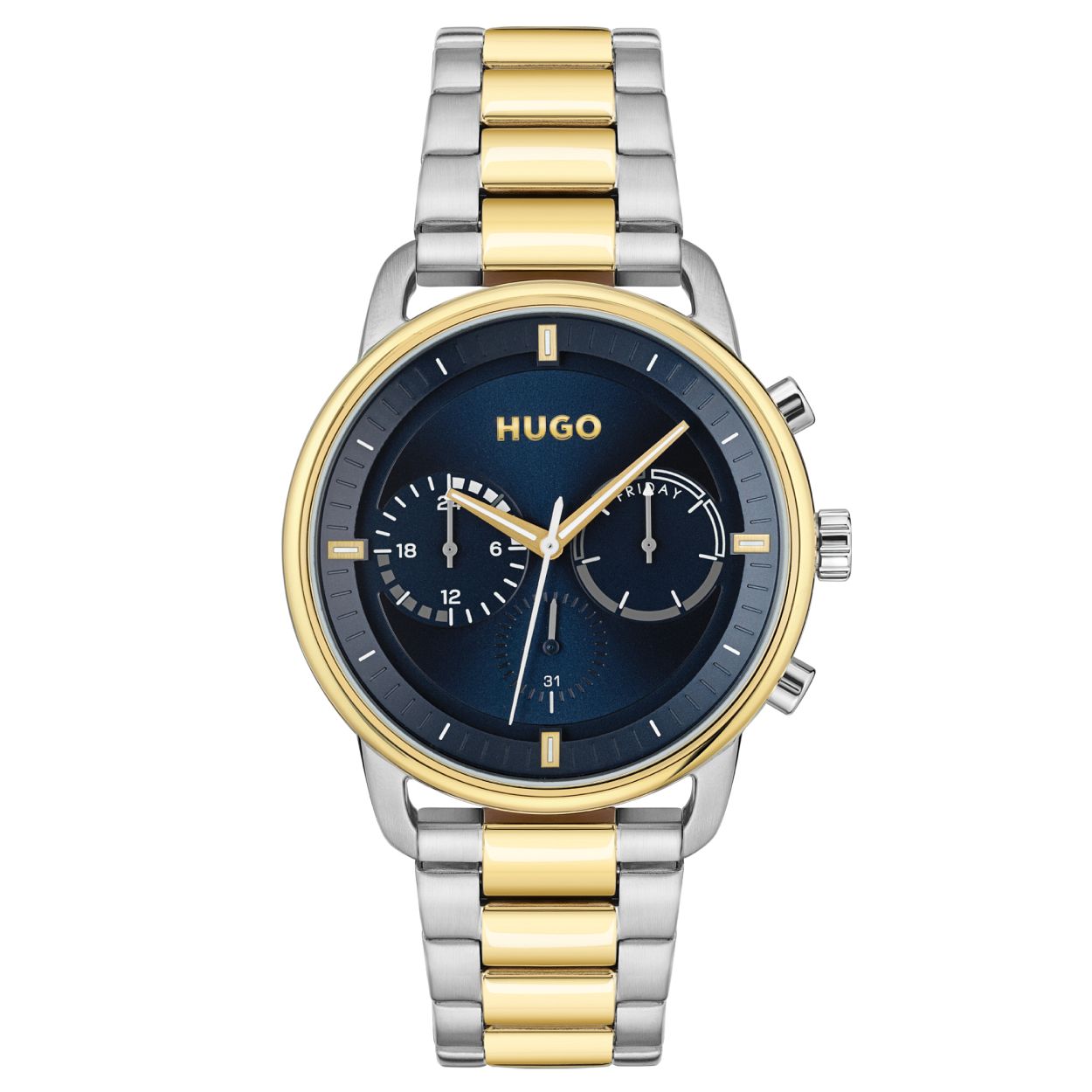 Dit Hugo by Hugo Boss horloge, uit de Advise collectie, heeft een bicolor stalen band en kast. De wijzerplaat is donkerblauw met goudkleurige indexen en wijzers. Het horloge heeft een dag, datum en 24-uurs aanduiding.