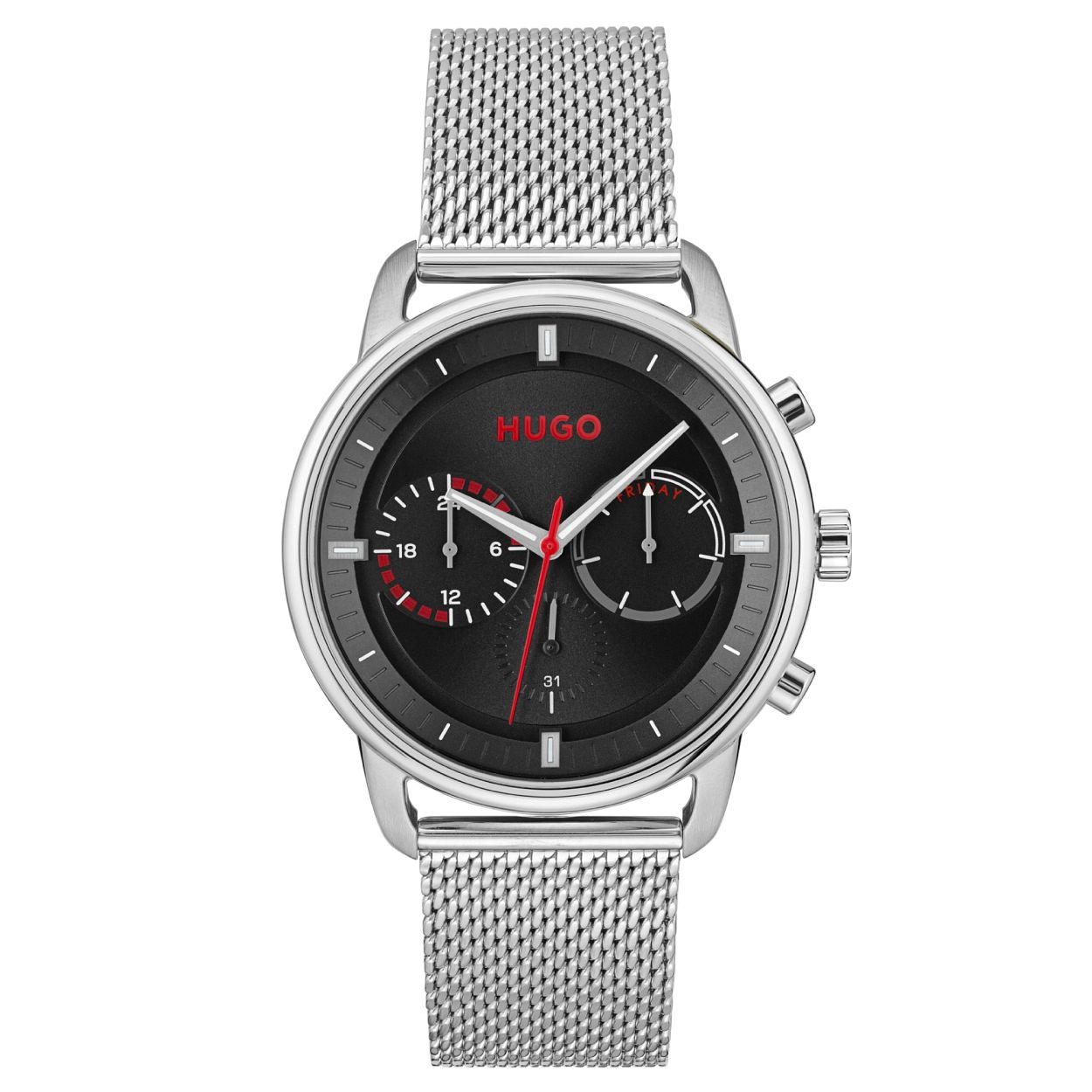 
Dit HUGO horloge is een casual horloge voor de zakelijke HUGO klant. Het herenhorloge kenmerkt zich door zijn zilverkleurige stalen sierlijk gevormde horlogekast met een zwarte wijzerplaat. Opvallend zijn de rode accenten van wijzers en naam. Op sierlijke wijze is er een zilverkleurige stalen milanese band aan de kast gezet. Het herenhorloge heeft een mineraalglas en is 5 ATM waterdicht.

HET MERK
HUGO BOSS is afgestemd op levensstijlen waar het gaat om kwaliteit en precisie. Het wereldwijde fashionlabel is verdeeld in twee merken BOSS en HUGO. Het merk HUGO presenteert eigentijdse en vooruitstrevende designs volgens de laatste fashion trends waarmee mensen worden gestimuleerd om zichzelf te zijn. Scherp maatwerk en casual horloges gecombineerd met een progressieve attitude. HUGO horloges zijn er voor de urban en ruimdenkende man die de leiding durft te nemen. De enige regel van de HUGO-man als het om stijl gaat zijn authentieke zelf en niets anders.

Maak kennis met de nieuwe horlogecollectie van HUGO.

SPECIFICATIES
- Mineraalglas
- Ronde kastvorm � 44mm
- Zilverkleurige stalen horlogekast
- Zwarte wijzerplaat
- Zilverkleurige milanese band
- Dag datum 24-uursaanduiding 
- 5 ATM
