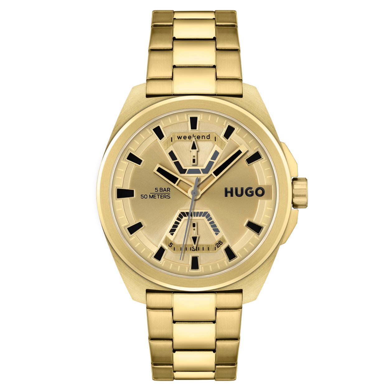 HUGO HU1530243 EXPOSE
Dit HUGO horloge uit de Expose serie met artikelnr. HU1530243 is ontworpen voor de man die niets te verbergen heeft volledig zichzelf is in zijn eigen unieke stijl. Het herenhorloge kenmerkt zich door zijn goudkleurige stalen horlogekast met goudkleurige glimmende bezel. Het mulitfunctionele ontwerp valt op door zijn unieke dag en datum aanduiding tijd voor weekend! Opvallend zijn de gekleurde accenten op de wijzers en de uren op de goudkleurige wijzerplaat. Aan de kast zit een goudkleurige mat/glimmende stalen schakelband met vouwsluiting. Het stoer ogende herenhorloge heeft een mineraalglas een doorsnee van 44mm en is 5 ATM.

HET MERK
HUGO BOSS is afgestemd op levensstijlen waar het gaat om kwaliteit en precisie. Het wereldwijde fashionlabel is verdeeld in twee merken BOSS en HUGO. Het merk HUGO presenteert eigentijdse en vooruitstrevende designs volgens de laatste fashion trends waarmee mensen worden gestimuleerd om zichzelf te zijn. Scherp maatwerk en casual horloges gecombineerd met een progressieve attitude. HUGO horloges zijn er voor de urban en ruimdenkende man die de leiding durft te nemen. De enige regel van de HUGO-man als het om stijl gaat zijn authentieke zelf en niets anders.

Maak kennis met de nieuwe horlogecollectie van HUGO.

SPECIFICATIES
- Mineraalglas
- Ronde kastvorm � 44mm
- Stalen horlogekast/ goudkleurige bezel
- Goudkleurige wijzerplaat
- Goudkleurige stalen schakelband
- Dag datum 
- 5 ATM
