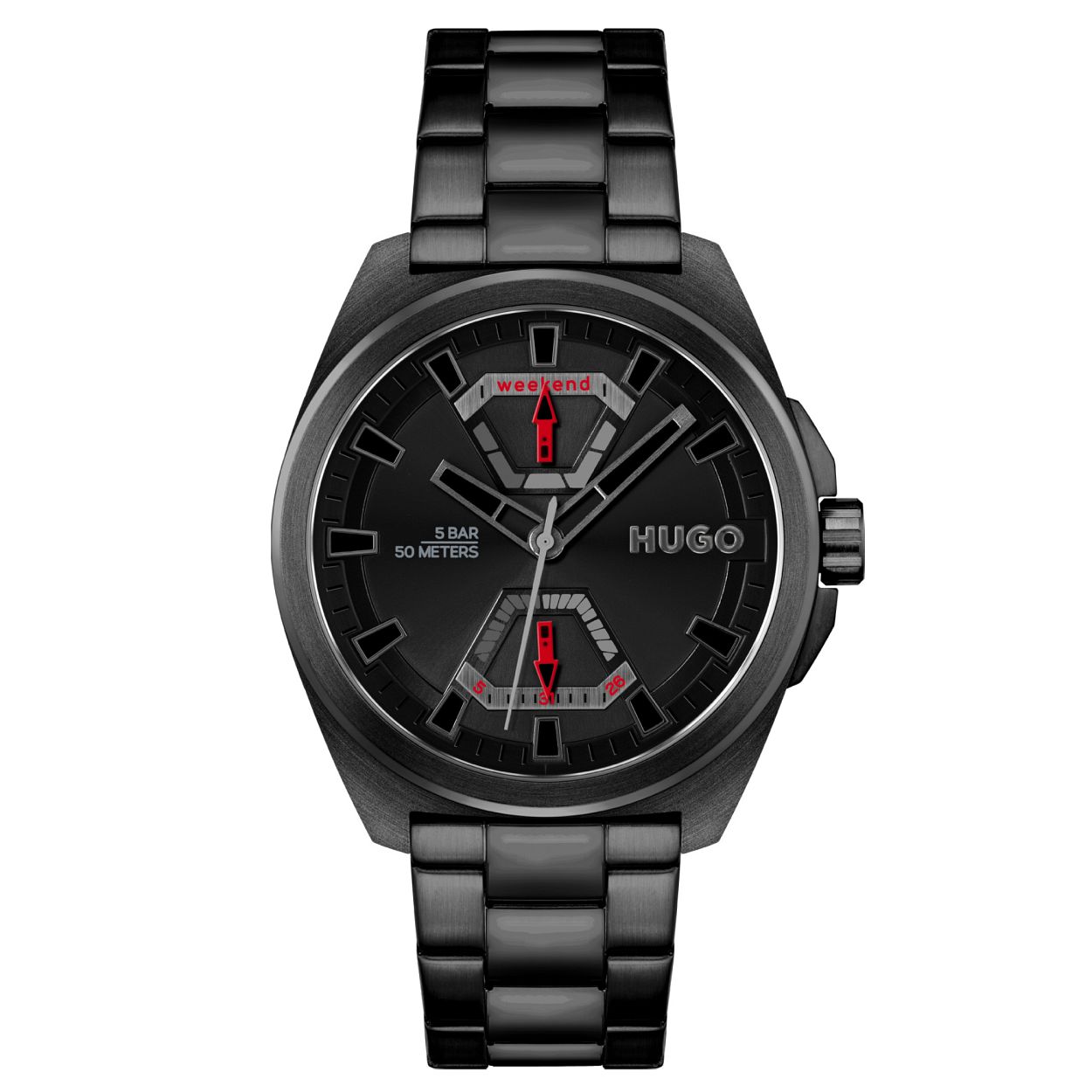 Dit Hugo by Hugo Boss horloge, uit de Expose collectie, heeft een zwart gecoate stalen band en kast. De wijzerplaat is zwart met zwarte indexen en wijzers met rode kleuraccenten. Het horloge heeft een datum en 'weekend' aanduiding