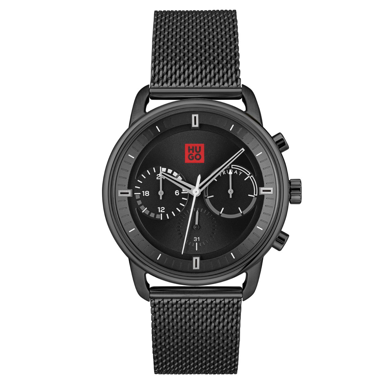 HUGO HU1530260 ADVISE
Dit HUGO horloge uit de Advise serie met artikelnr. HU1530260 is een casual horloge voor de zakelijke HUGO klant. Het herenhorloge kenmerkt zich door zijn zwart stalen sierlijk gevormde horlogekast met een zwarte wijzerplaat. Opvallend is de inleg van de dag- datum en 24-uursaanduiding de witte wijzer en het rode logo. Op sierlijke wijze is er een zwarte stalen milanese band aan de kast gezet. Het herenhorloge heeft een mineraalglas een doorsnee van 44mm en is 5 ATM.

SPECIFICATIES
- Mineraalglas
- Ronde kastvorm 44mm
- Zwarte stalen horlogekast
- Zwarte wijzerplaat
- Zwarte milanese band
- Dag datum 24-uursaanduiding 
- 5 ATM
