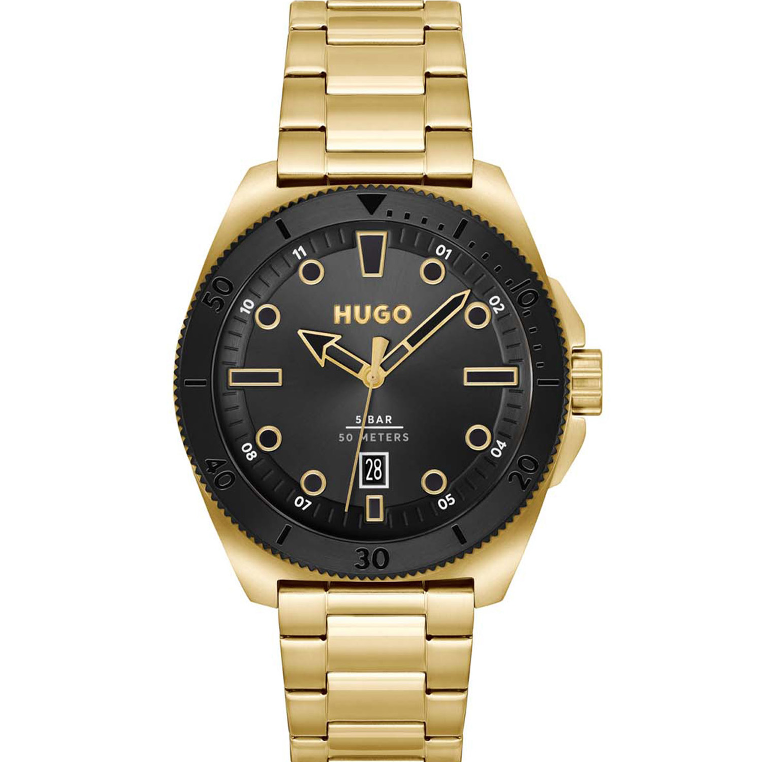 HUGO HU1530304 #VISIT 44mm  
Dit HUGO horloge uit de Visit serie met artikelnr. HU1530304 is ontworpen voor de man die niets te verbergen heeft, volledig zichzelf is in zijn eigen unieke stijl. Het herenhorloge kenmerkt zich door zijn goudkleurige stalen horlogekast met en zwarte gekartelde bezel. Het ontwerp valt op door zijn casual vorm, tijd voor weekend! Opvallend zijn de fijne opengewerkte wijzers en accenten op de zwarte wijzerplaat met datum. Aan de kast zit een goudkleurige stalen schakelband met vouwsluiting. Het stoer ogende herenhorloge heeft een mineraalglas, een doorsnee van 44mm en is 5 ATM.

HET MERK:
HUGO BOSS is afgestemd op levensstijlen waar het gaat om kwaliteit en precisie. Het wereldwijde fashionlabel is verdeeld in twee merken: BOSS en HUGO. Het merk HUGO presenteert eigentijdse en vooruitstrevende designs volgens de laatste fashion trends waarmee mensen worden gestimuleerd om zichzelf te zijn. Scherp maatwerk en casual horloges gecombineerd met een progressieve attitude. HUGO horloges zijn er voor de urban en ruimdenkende man die de leiding durft te nemen. De enige regel van de HUGO-man als het om stijl gaat: zijn authentieke zelf en niets anders.

Maak kennis met de nieuwe horlogecollectie van HUGO.

SPECIFICATIES:
- Mineraalglas
- Ronde kastvorm, Ø 44mm
- Goudkleurige horlogekast
- Zwarte wijzerplaat
- Goudkleurige stalenband
- 5 ATM