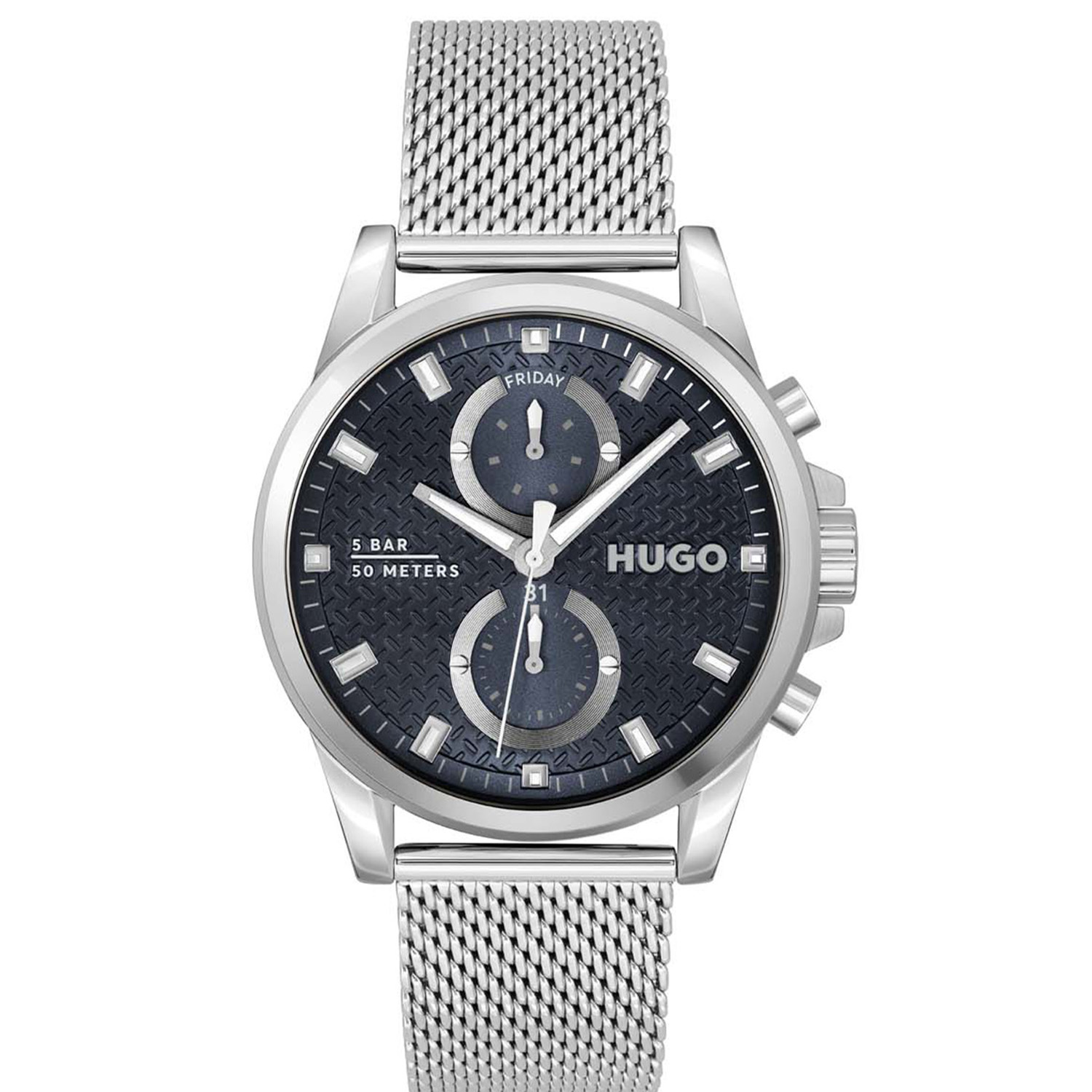 HUGO HU1530316 #RUN 44mm  
Dit HUGO horloge uit de Run serie met artikelnr. HU1530316 is ontworpen voor de man die niets te verbergen heeft, volledig zichzelf is in zijn eigen unieke stijl. Het herenhorloge kenmerkt zich door zijn zilverkleurige stalen horlogekast met en glimmende bezel. Het ontwerp valt op door zijn casual vorm, tijd voor weekend! Opvallend zijn de lumibrite wijzers en accenten op de blauwe wijzerplaat met dag en datum. Aan de kast zit een zilverkleurige milanese band met druksluiting. Het stoer ogende herenhorloge heeft een mineraalglas, een doorsnee van 44mm en is 5 ATM.

HET MERK:
HUGO BOSS is afgestemd op levensstijlen waar het gaat om kwaliteit en precisie. Het wereldwijde fashionlabel is verdeeld in twee merken: BOSS en HUGO. Het merk HUGO presenteert eigentijdse en vooruitstrevende designs volgens de laatste fashion trends waarmee mensen worden gestimuleerd om zichzelf te zijn. Scherp maatwerk en casual horloges gecombineerd met een progressieve attitude. HUGO horloges zijn er voor de urban en ruimdenkende man die de leiding durft te nemen. De enige regel van de HUGO-man als het om stijl gaat: zijn authentieke zelf en niets anders.

Maak kennis met de nieuwe horlogecollectie van HUGO.

SPECIFICATIES:
- Mineraalglas
- Ronde kastvorm, Ø 44mm
- Zilverkleurige horlogekast
- Blauwe wijzerplaat
- Zilverkleurige milanese band
- 5 ATM
