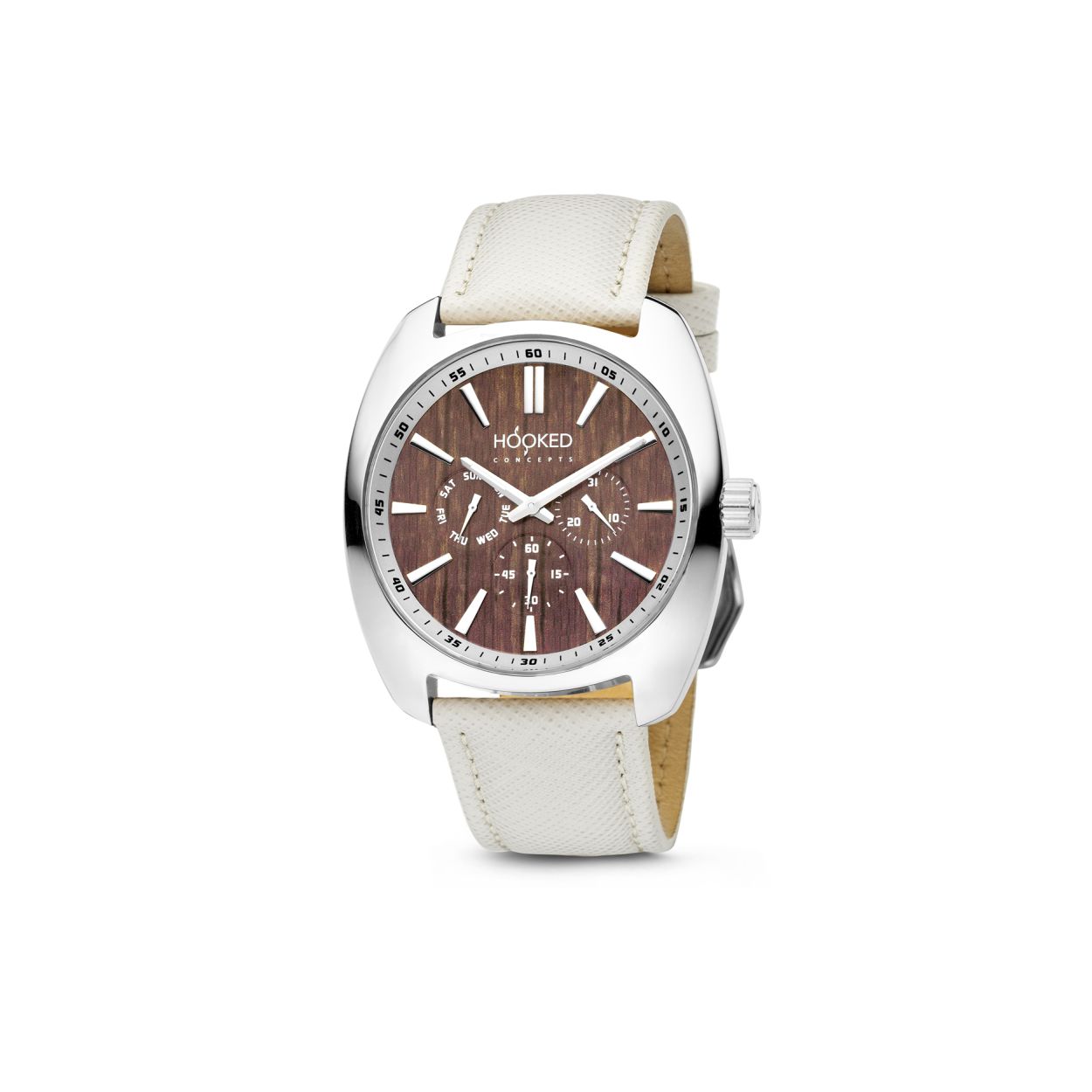Polshorloge - Dames  - Wijzerplaatkleur Hout  - Kastkleur Zilver  - Bandkleur Taupe - Echt leer