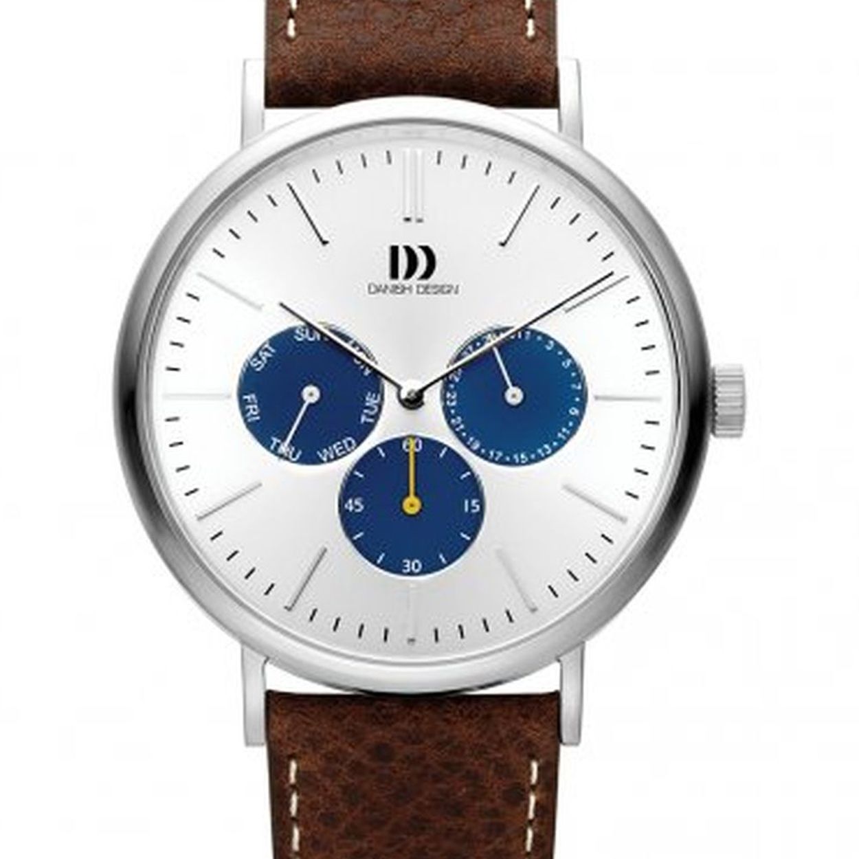 De Danish Design is een trendy Herenhorloge met een Analoog uurwerk. De kast is gemaakt van RVS en heeft een diameter van 41mm. De kleur van de horlogekast is Zilver en heeft een Blauw,Zilver wijzerplaat kleur. De horlogeband heeft de kleur Bruin en is gemaakt van Leer. Daarnaast is de glasplaat van Mineraalglas.