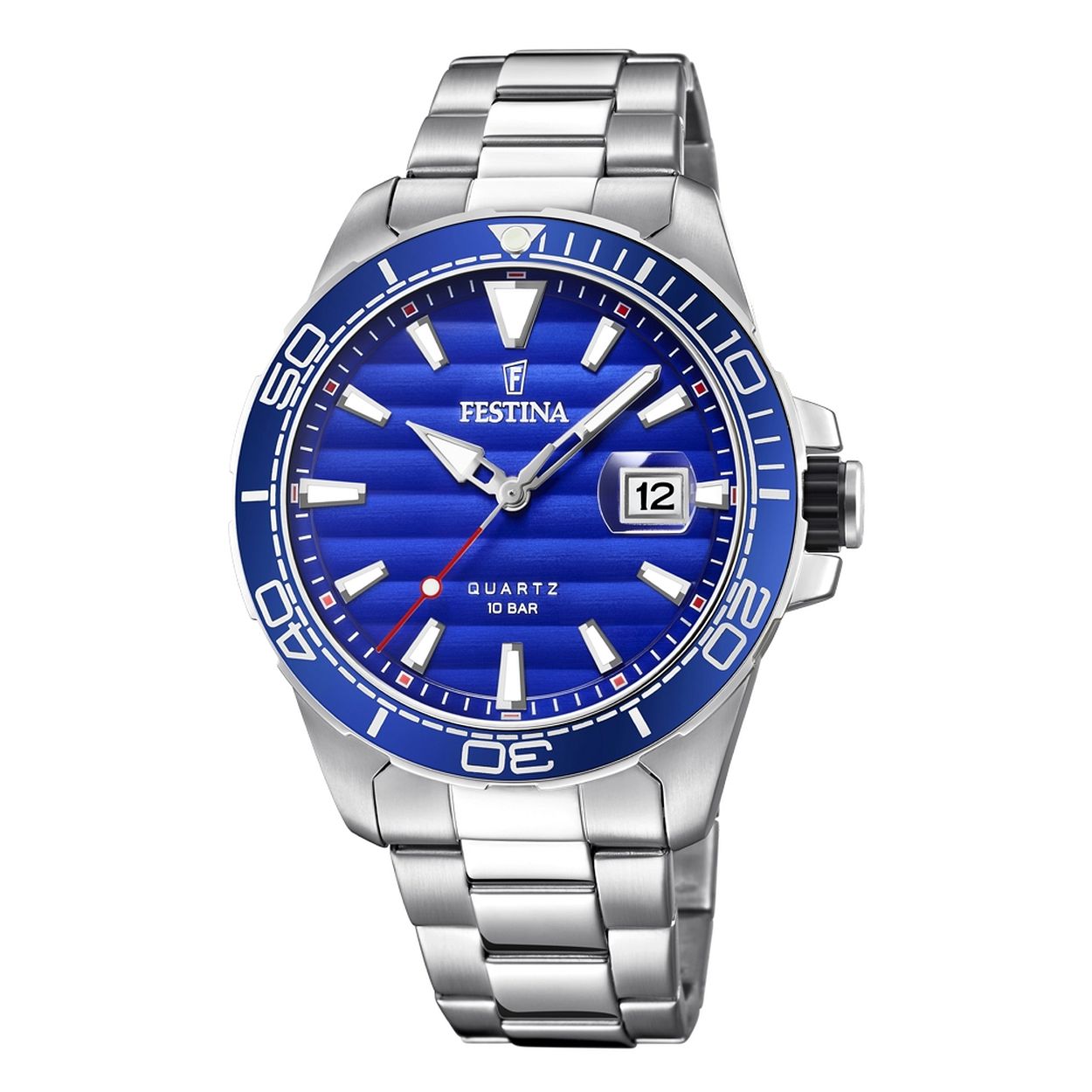 Festina herenuurwerk uit de 'Prestige' collectie - Zilverkleurige metalen kast en band - Blauwe wijzerplaat met datumaanduiding - Waterdichtheid: 10 ATM