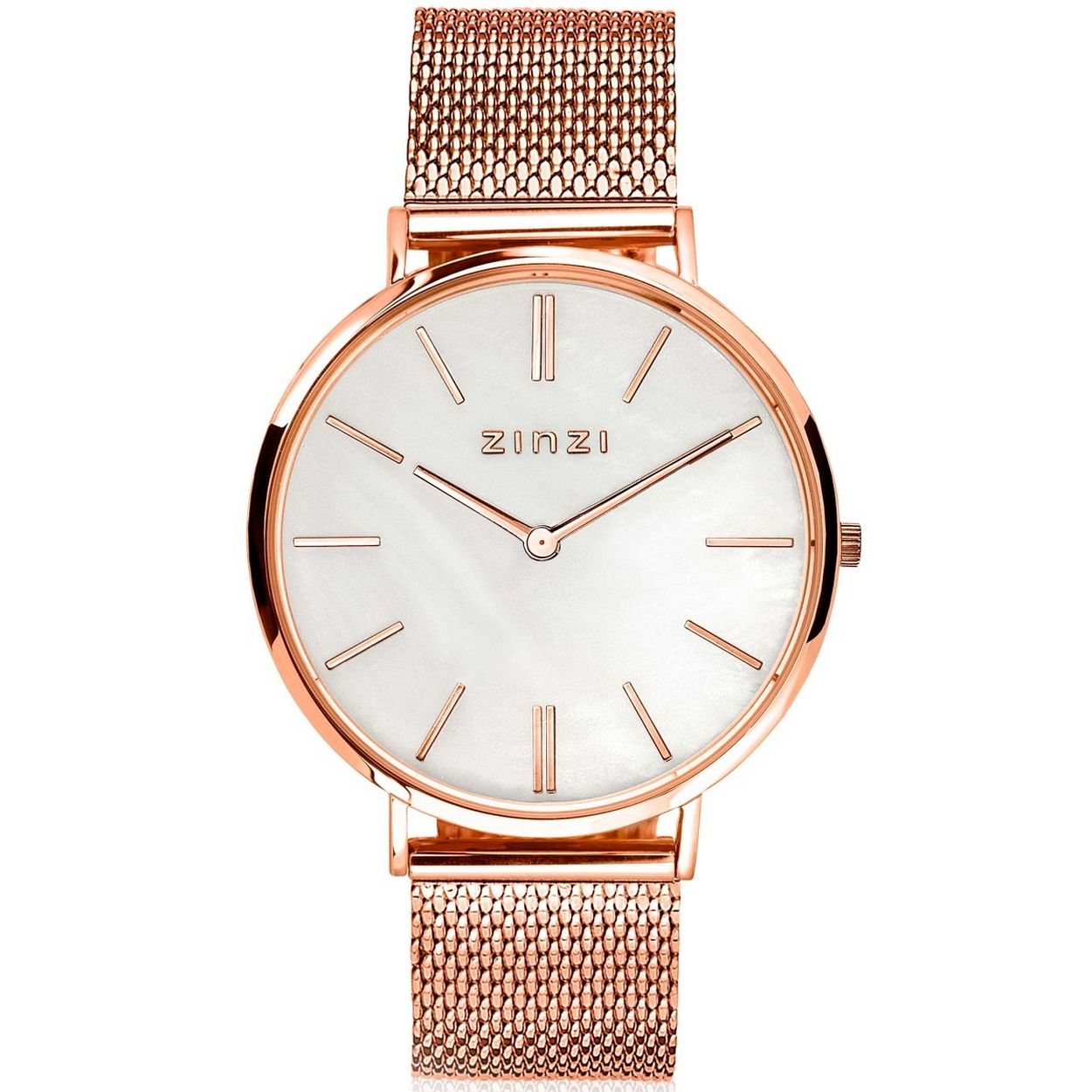 ZINZI Retro horloge roségoudkleurig met een witte parelmoer wijzerplaat, zilverkleurige wijzers en stalen mesh band. De kast is roségoudkleurig, 38mm en extra dun ZIW418M.