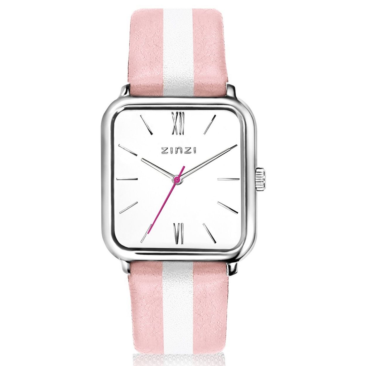 ZINZI Square Roman horloge witte wijzerplaat en rechthoekige kast stalen roze/wit gestreepte leren band 32mm extra dun ZIW806RS