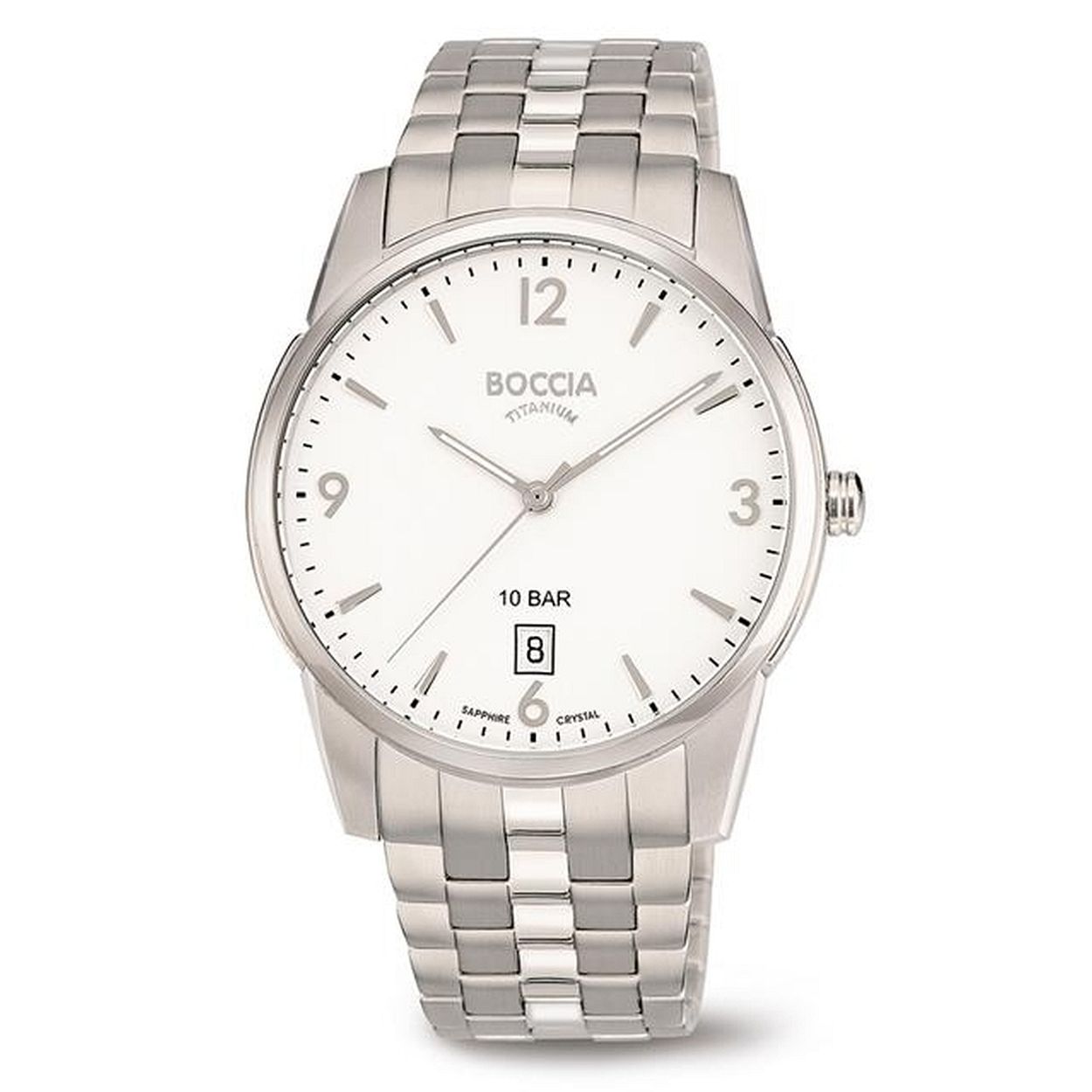 Boccia Titanium 3632-01
Dit Boccia Titanium herenhorloge heeft een titanium kast. Het horloge heeft een kastdiameter van 39 mm en krasvast saffierglas. De band van het horloge is van titanium en kan op maat worden gemaakt door er schakels uit te halen met een horlogeband inkortset. Of je nu sportief of chique gekleed gaat, dit horloge past bij elke outfit en iedere gelegenheid. 

HET MERK
Boccia Titanium: de specialist in het edelmetaal titanium � horloges en sieraden van puur (99,7%) titanium. Titanium heeft een hoog draagcomfort: het is licht in gewicht, huidvriendelijk en neemt de temperatuur van de huid snel aan. 

SPECIFICATIES
- Datumaanduiding
- Krasvast saffierglas
- Ronde titanium horlogekast, � 39 mm
- Titanium horlogeband
- Zilverkleurige wijzerplaat
- 10 ATM

INKORTEN BAND
De band van het horloge kan op maat worden gemaakt door er schakels uit te halen met een horlogeband inkortset.