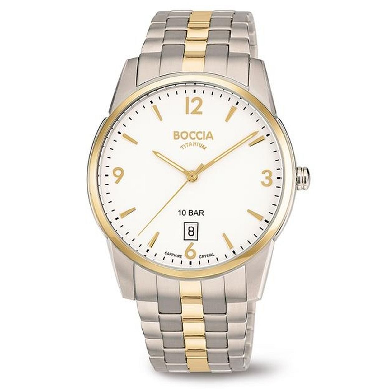 Dit herenhorloge van Boccia Titanium heeft een stoere uitstraling. De zilverkleurige titanium horlogekast met een goudkleurige bezel zorgt voor een stijlvolle look.
