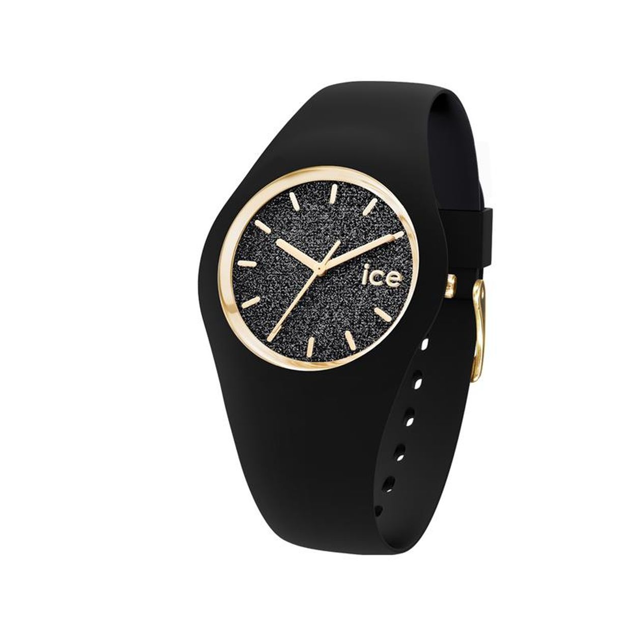 Het is een extradun horloge in zwarte silicone. Zijn zwarte, met pailletten versierde wijzerplaat past perfect bij je gewone en feestoutfits. Het behoudt steeds zijn chique kant dankzij zijn goudkleurige ring en wijzers.