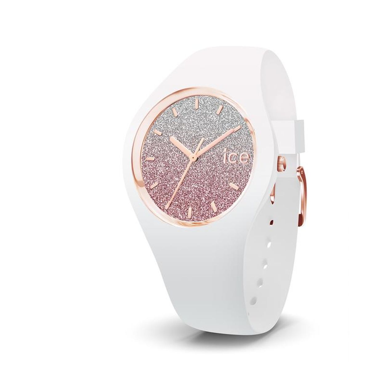 Met dit kleine, witte horloge van soepel silicone en goudroze details kun je niet anders dan schitteren. De achtergrond van deze prachtige wijzerplaat is bezet met lovertjes die zorgen voor een kleurovergang van roze naar zilverkleurig. Voor een vrouwelijke, ongedwongen look!