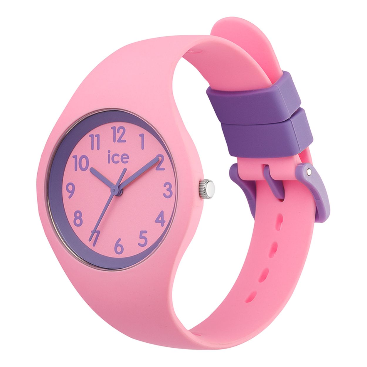 Laat je verleiden door het magische aura van de ICE ola kids Princess! Dit kleine, lichtroze horloge van soepel silicone met paarse details geeft elke outfit van je dochter een speelse en gestileerde toets.