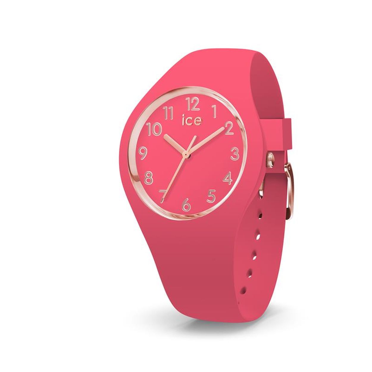 Ice Watch uurwerk uit de 'Glam Colour'' collectie, kleur 'raspberry'- rooskleurige wijzerplaat met goudkleurige cijfers - Roze siliconen band - maat S (= 34 mm diameter kast) - Waterdichtheid: 10 ATM