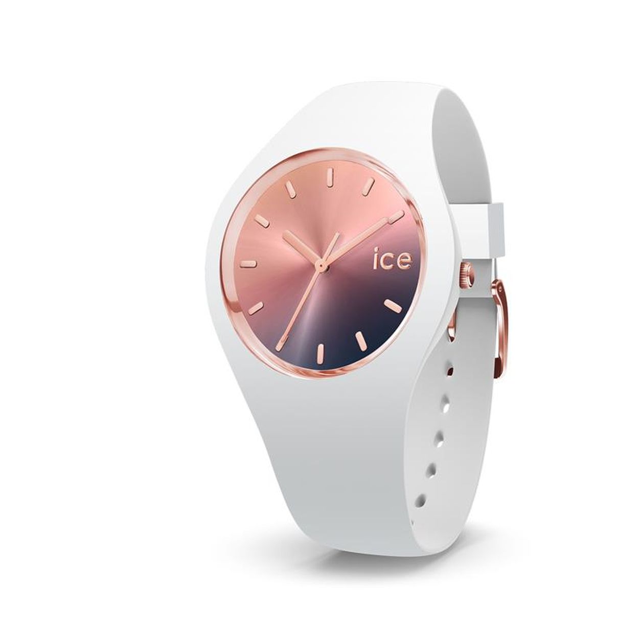 Ice Watch Sunset - IW015749   Dit dames horloge van Ice-Watch uit de Sunset serie heeft een witte silicone band en een roze wijzerplaat met ros�goudkleurige details en een streepjes aanduiding. Het horloge heeft mineraal glas en een kastdiameter van 40 mm.    HET MERK  Ice-Watch bestaat al sinds 2007 en heeft als motto "Change. You can". De horloges worden in verschillende kleuren - van transparant tot fluorescerend - uitgevoerd. Dit zorgt ervoor dat er een Ice-Watch is voor elke smaak, stijl en elke look waardoor je zo vaak van Ice-Watch kunt wisselen zoals je wilt.    SPECIFICATIES  - Mineraal glas  - Ronde kastvorm � 40 mm  - Witte horlogekast  - Roze wijzerplaat  - Witte silicone horlogeband  - 10 ATM (Zwemmen en snorkelen)