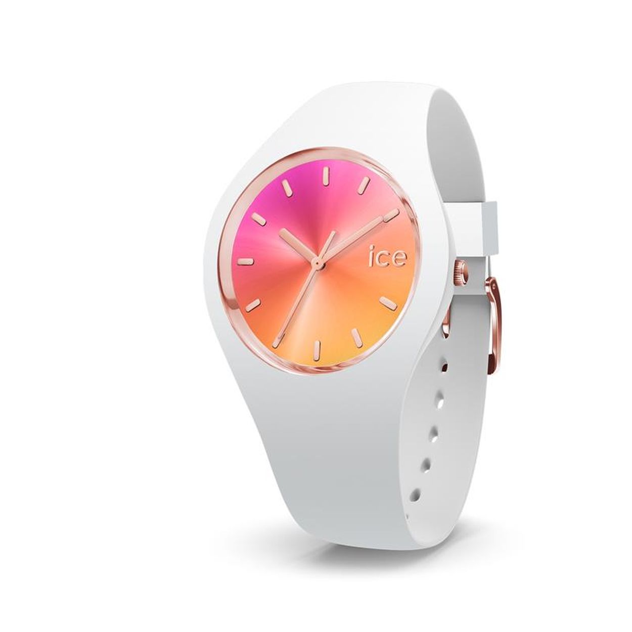  Ice Watch CITY Sunset - IW015750  Dit dames horloge van Ice-Watch uit de Sunset serie heeft een witte silicone band en een roze wijzerplaat met ros�goudkleurige details en een streepjes aanduiding. Het horloge heeft mineraal glas en een kastdiameter van 40 mm.    HET MERK Ice-Watch bestaat al sinds 2007 en heeft als motto "Change. You can". De horloges worden in verschillende kleuren - van transparant tot fluorescerend - uitgevoerd. Dit zorgt ervoor dat er een Ice-Watch is voor elke smaak, stijl en elke look waardoor je zo vaak van Ice-Watch kunt wisselen zoals je wilt.  SPECIFICATIES  - Mineraal glas - Ronde kastvorm � 40 mm  - Witte horlogekast - Roze wijzerplaat - Witte silicone horlogeband  - 10 ATM (Zwemmen en snorkelen)