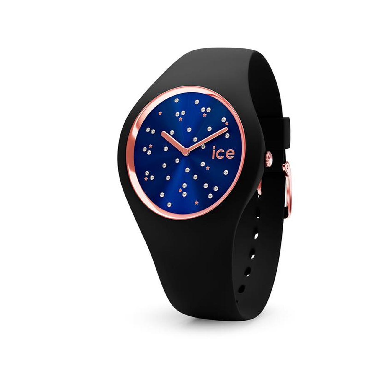 Geniet de schoonheid van een sterrenhemel door de ICE-Cosmos STAR DEEP BLUE! Met een blauwe wijzerplaat met 34 Swarovski-kristallen en een diepzwarte riem, voegt dit goudroze horloge een vleugje chic en sprankeling toe aan elke outfit!