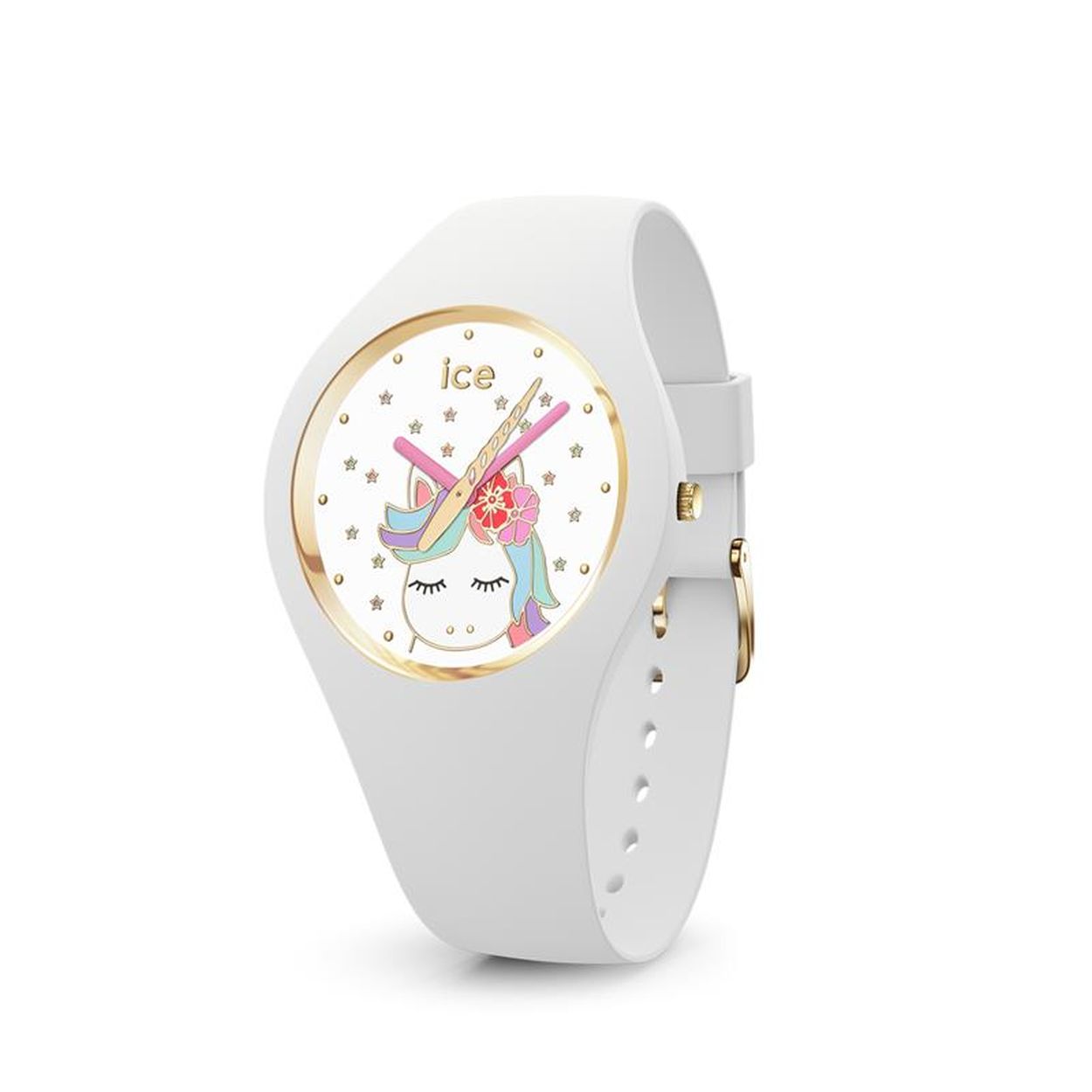 Ref 16721, maat S
Witte siliconen band
Goudkleurige kast
Wijzerplaat met unicorn
Waterdichtheid: 10 ATM