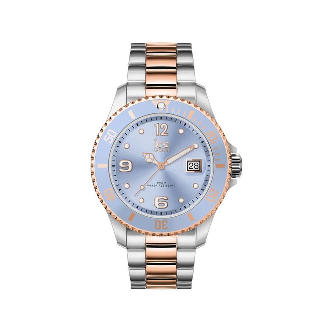 Ice-Watch ICE steel -IW016770 Dit Ice-Watch horloge komt uit de ICE steel collectie. Het horloge heeft een kastdiameter van 40 mm en is voorzien van een datumaanduiding. HET MERK Ice-Watch bestaat al sinds 2007 en heeft als motto ""Change. You can"". De horloges worden in verschillende kleuren - van transparant tot fluorescerend - uitgevoerd. Dit zorgt ervoor dat er een Ice-Watch is voor elke smaak, stijl en elke look waardoor je zo vaak van Ice-Watch kunt wisselen zoals je wilt.  SPECIFICATIES  - Mineraal glas  - Diameter horlogekast 40 mm - Zilverkleurige kleurige horlogekast - Blauwe wijzerplaat - Stalen bicolor horlogeband  - 10 ATM (Zwemmen en snorkelen)