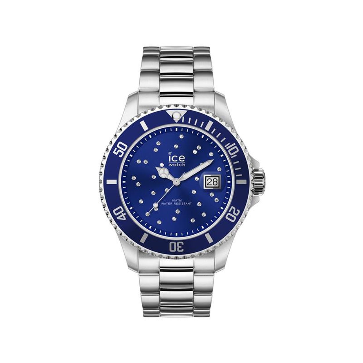 Ice-Watch ICE steel -IW016773 Dit Ice-Watch horloge komt uit de ICE steel collectie. Het horloge heeft een kastdiameter van 40 mm en is voorzien van een datumaanduiding. HET MERK Ice-Watch bestaat al sinds 2007 en heeft als motto ""Change. You can"". De horloges worden in verschillende kleuren - van transparant tot fluorescerend - uitgevoerd. Dit zorgt ervoor dat er een Ice-Watch is voor elke smaak, stijl en elke look waardoor je zo vaak van Ice-Watch kunt wisselen zoals je wilt.  SPECIFICATIES  - Mineraal glas  - Diameter horlogekast 40 mm - Zilverkleurige horlogekast met blauwe bezel - Blauwe wijzerplaat met Swarovski stenen - Zilverkleurige stalen horlogeband  - 10 ATM (Zwemmen en snorkelen)