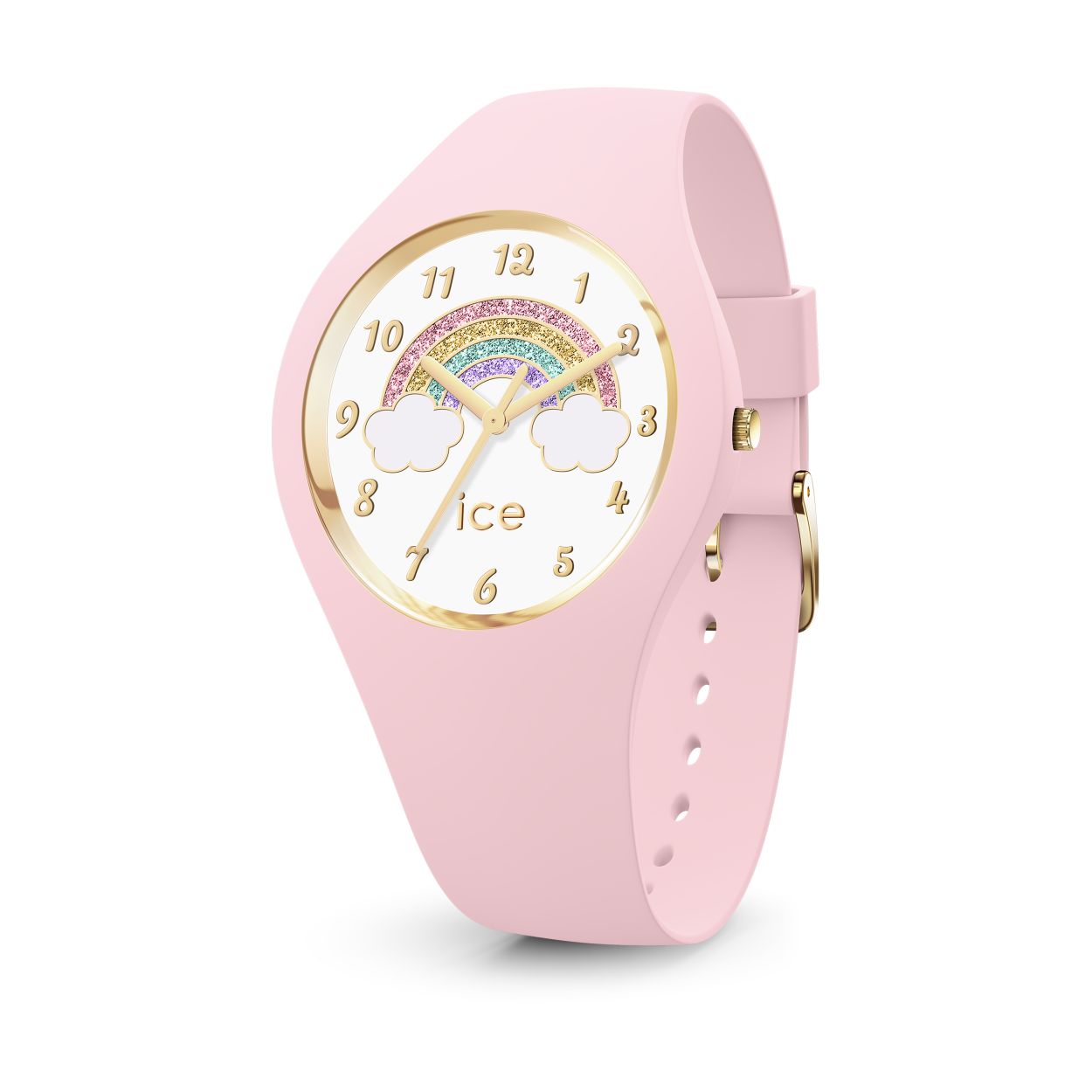Ice-Watch kinderuurwerk, collectie ICE Fantasia, model Rainbow pink -  Maat S - Roze siliconen band met witte wijzerplaat en glitter regenboog - Goudkleurige uuraanduiding, duidelijke cijfers voor kinderen! Waterdichtheid: 10 ATM