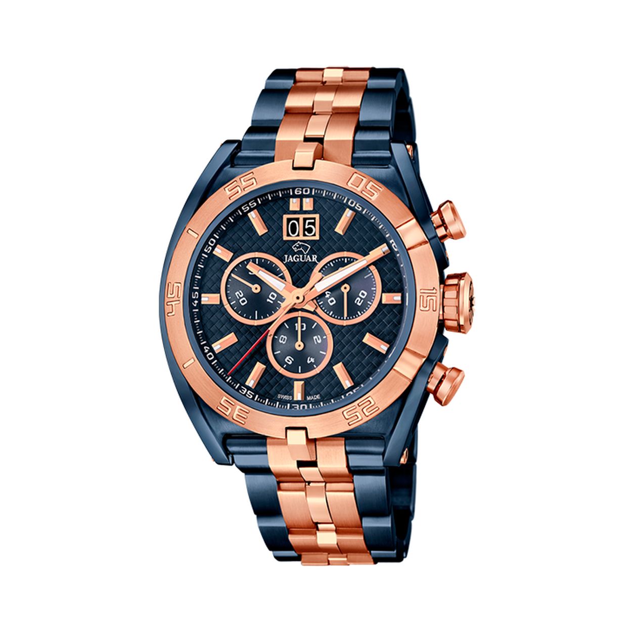 Herenuurwerk van Jaguar - Special Edition, geleverd in luxe doos - Ros&eacute;/donkerblauwe band en kast in edelstaal - Donkerblauwe wijzerplaat multifunctie met datumaanduiding - Chronograaf - Saffierglas - Waterdichtheid: 10 ATM