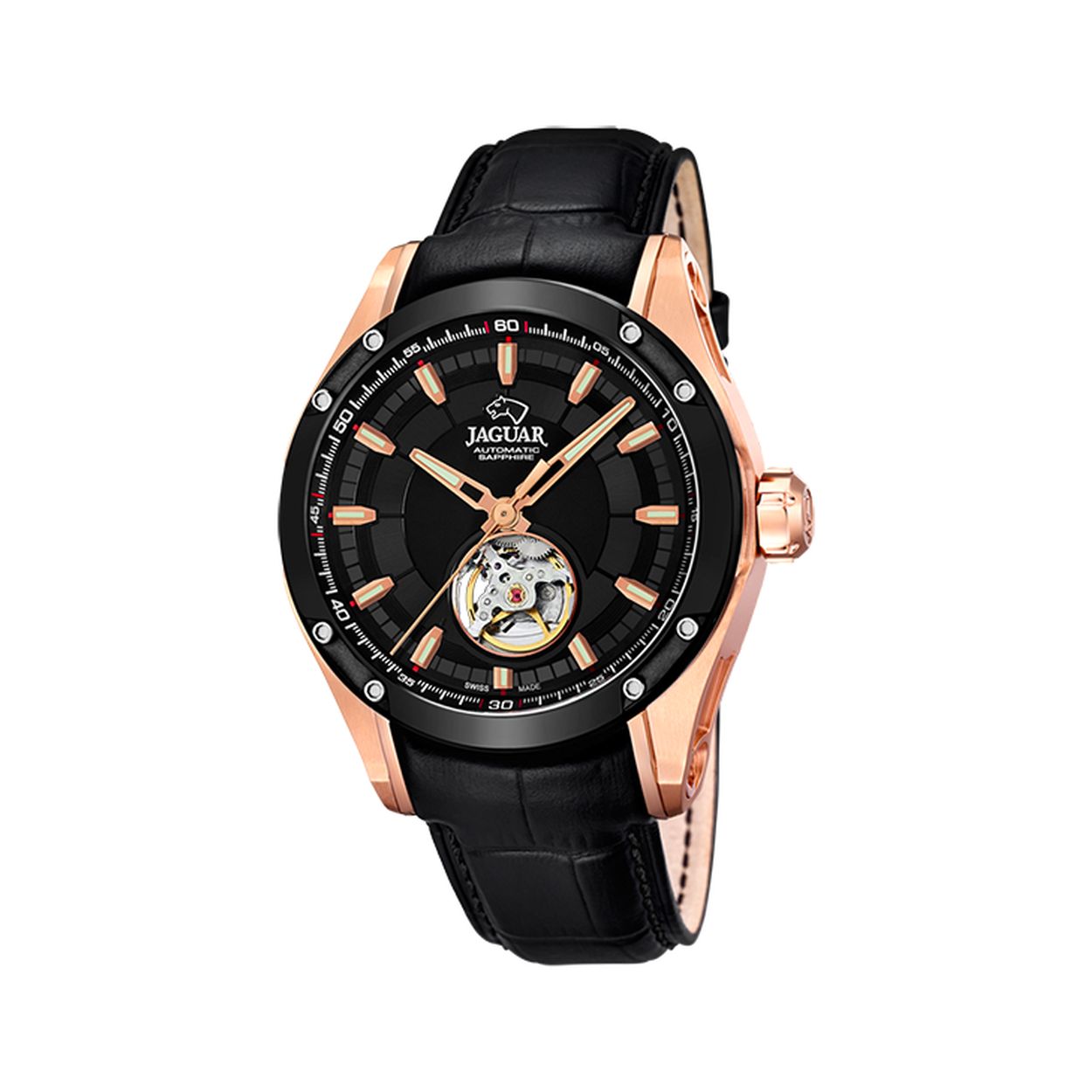 Jaguar horloge heren automatic leder, saffier glas, Zwitsers binnenwerk, waterdichtheid 10ATM.