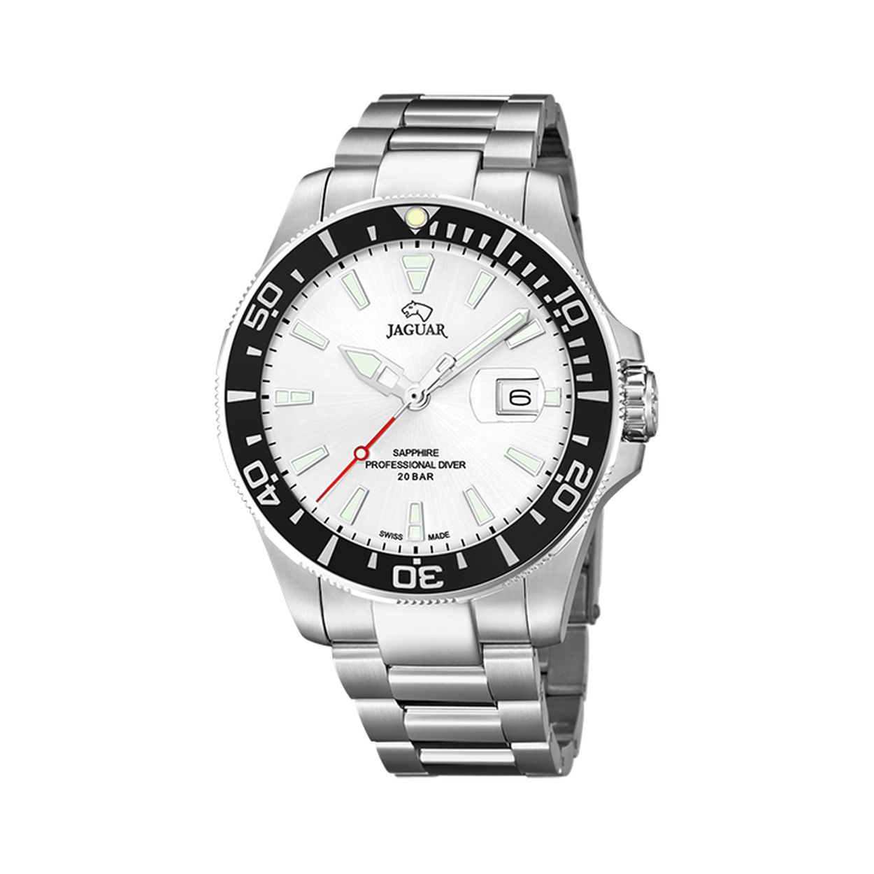 jaguar horloge zilverkleurig wit parelmoer wijzerplaat met datum