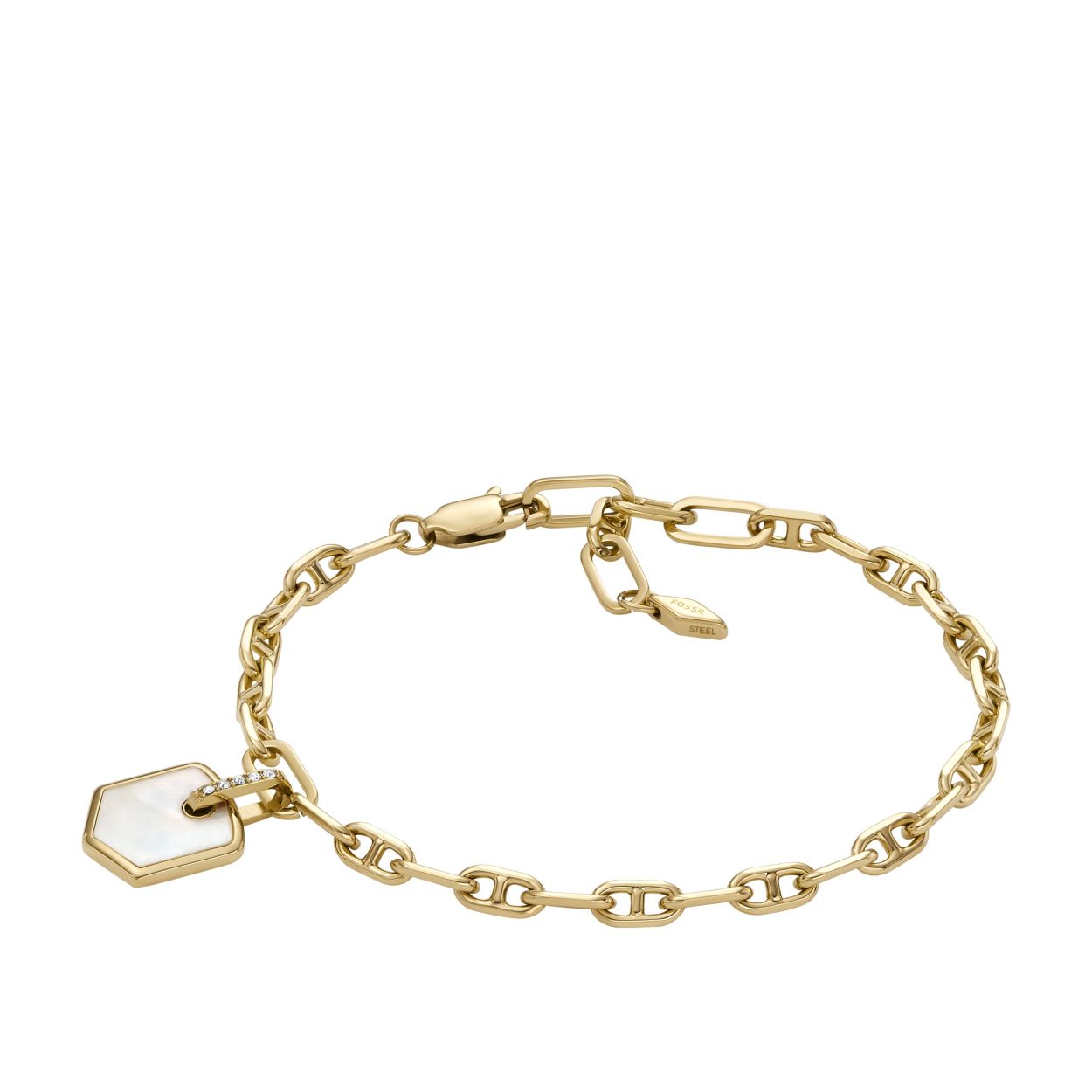 Onze Fossil Heritage Jewelry-collectie viert gedurfd en tijdloos design. Deze armband is tot 4 cm te verstellen door de karabijnsluiting. Deze opvallende goudkleurige armband met een parelmoer bedeltje kan solo gedragen worden als een statement stuk, of gelaagd met je favoriete horloge en armbanden.