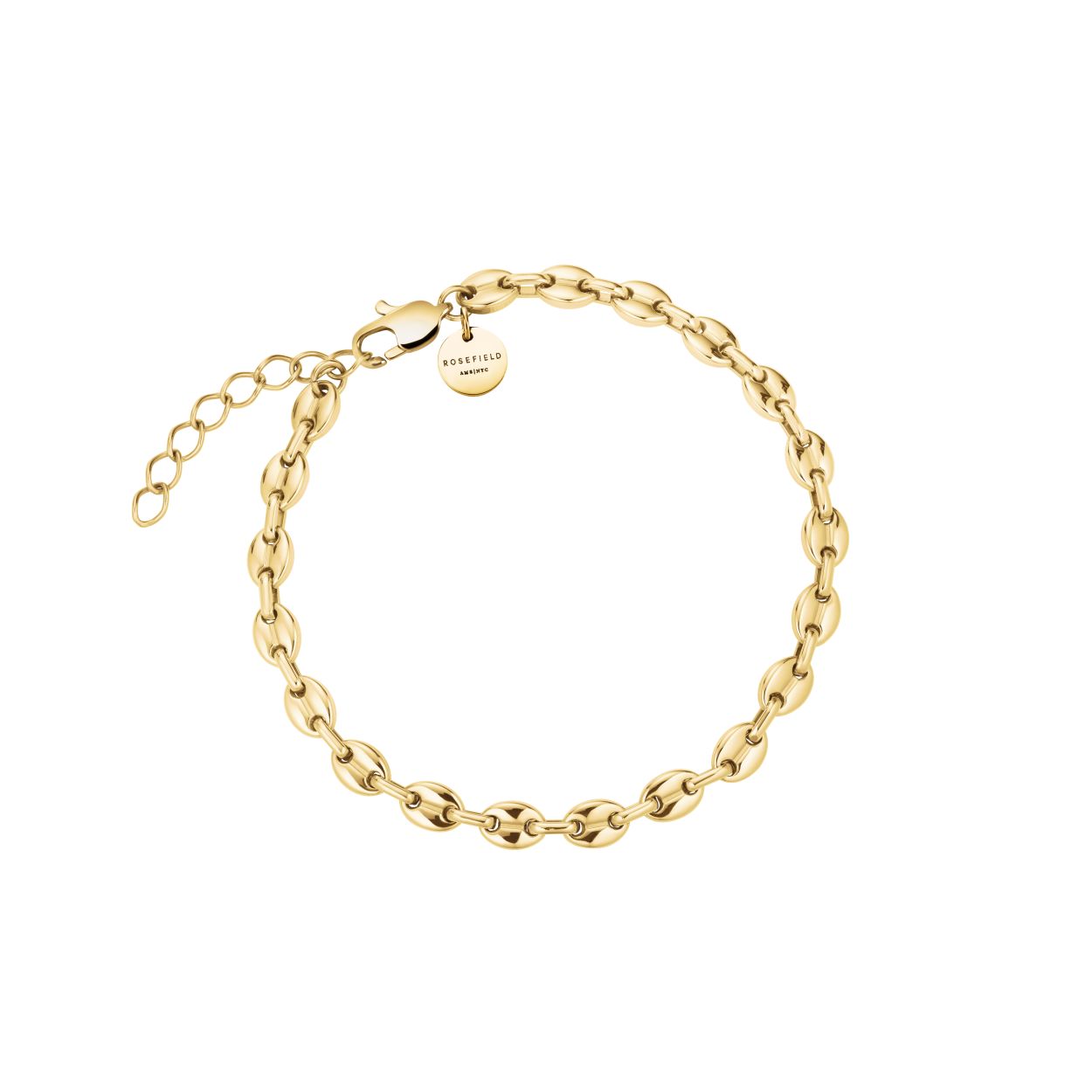 De Rosefield Coffee Bean Small Chain Bracelet, modelnummer JBCSG-J1052, is een elegante armband van roestvrij staal in goudkleur. Met een lengte van 195 mm is het een stijlvol accessoire dat moeiteloos te combineren is met zowel casual als formele outfits. Draag het solo voor een minimalistische look of combineer met andere armbanden voor een gelaagd effect.