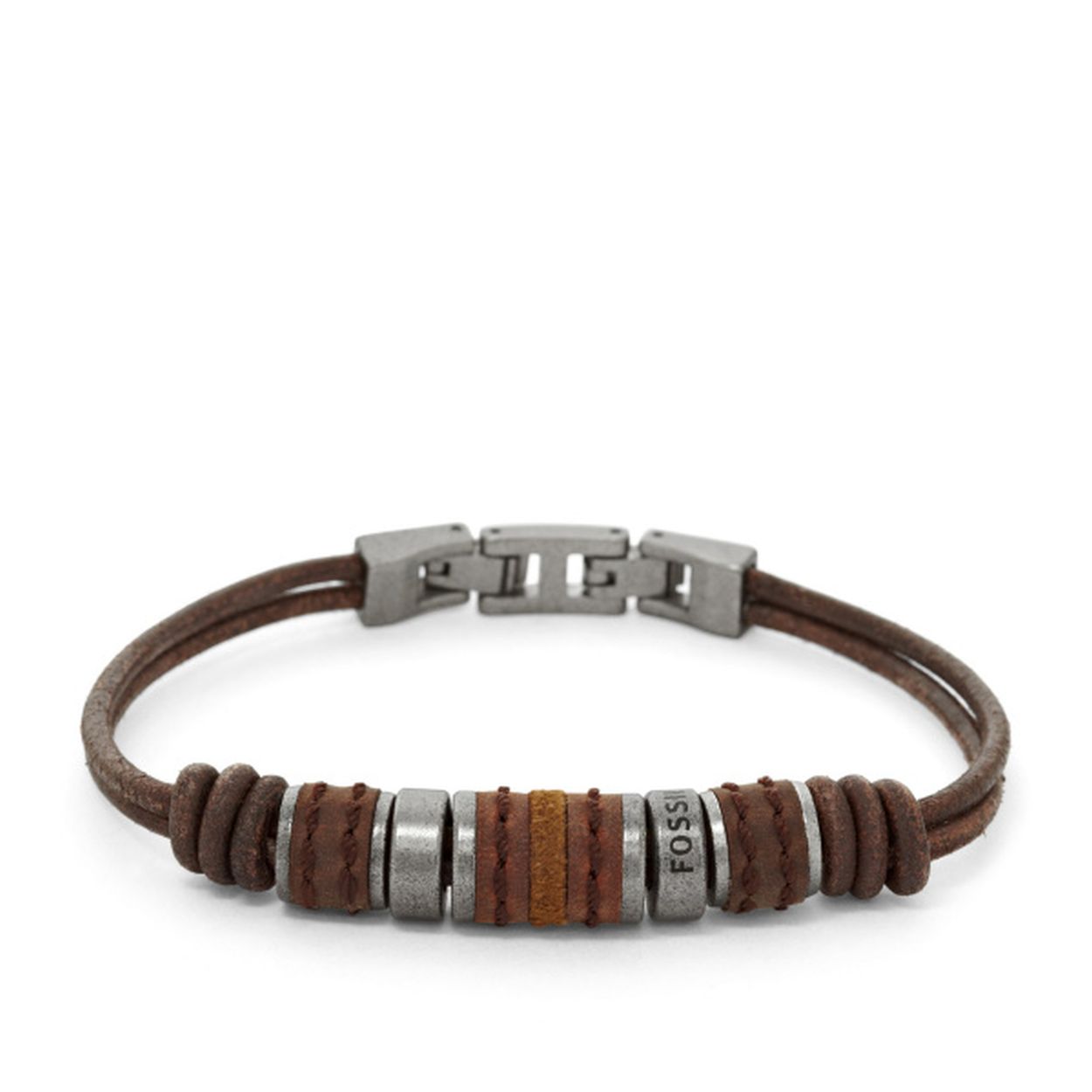 FOSSIL heren armband bruin leer met staal 21 of 22cm