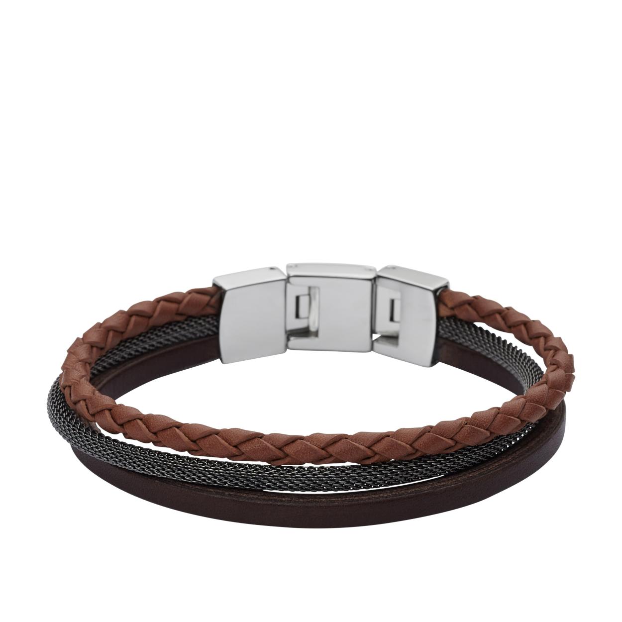 Fossil heren armband in bruin leer met edelstaal