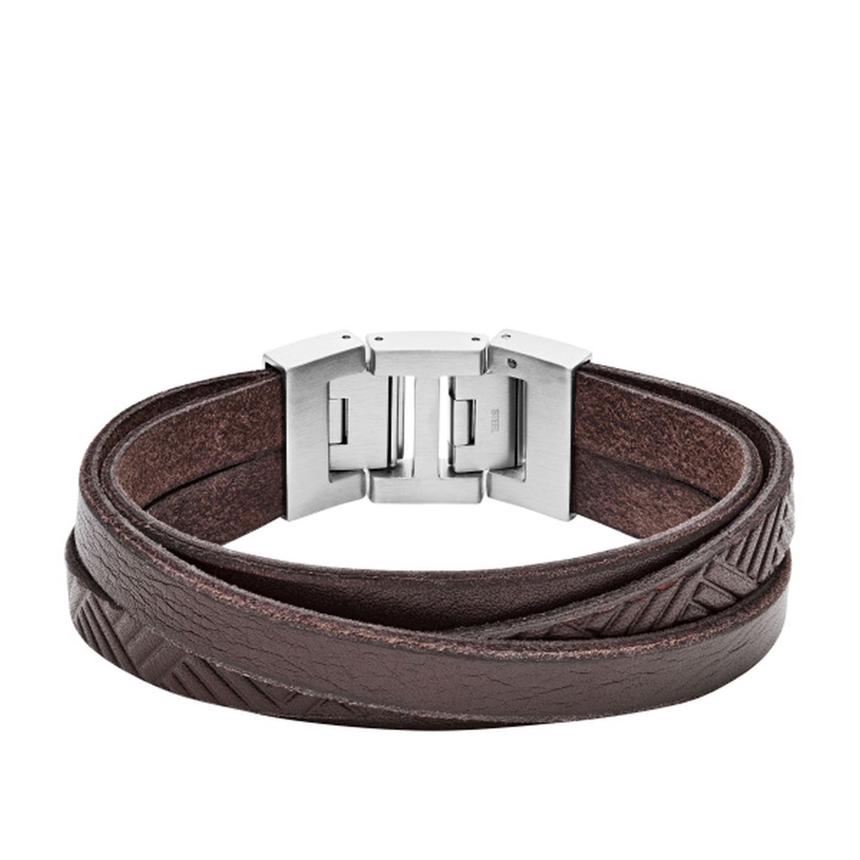 Deze multilook armband, van het merk Fossil, is van bruin leer en heeft een stalen sluiting. De armband is in te korten d.m.v. een schakel eruit te halen bij de sluiting