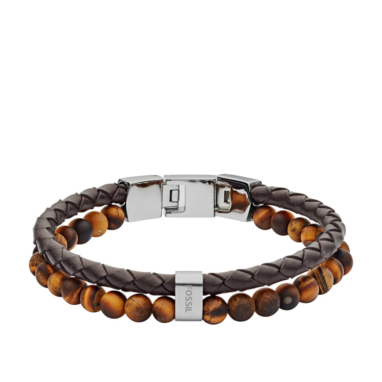 FOSSIL sieraad, 2 armbanden aan elkaar, 1 gevlochten leer en 1 met tijgeroog bolletjes.